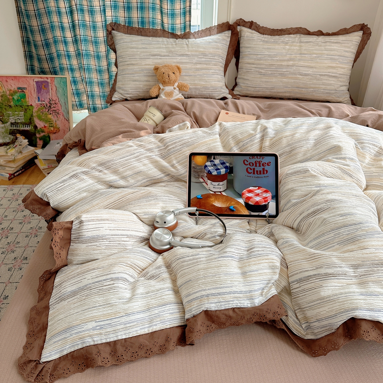 91家纺网 家纺一手货源 找家纺 一比一家纺 2026新款彩色花边木棉皱皱纱四件套 罗卡