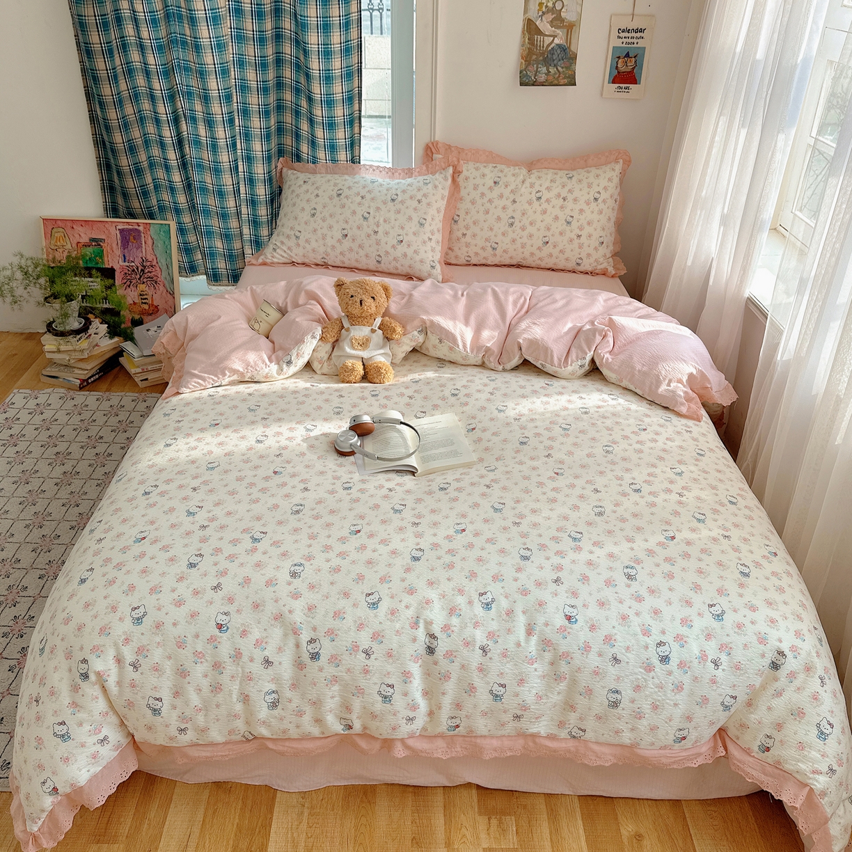 91家纺网 家纺一手货源 找家纺 一比一家纺 2026新款彩色花边木棉皱皱纱四件套 奶芙喵