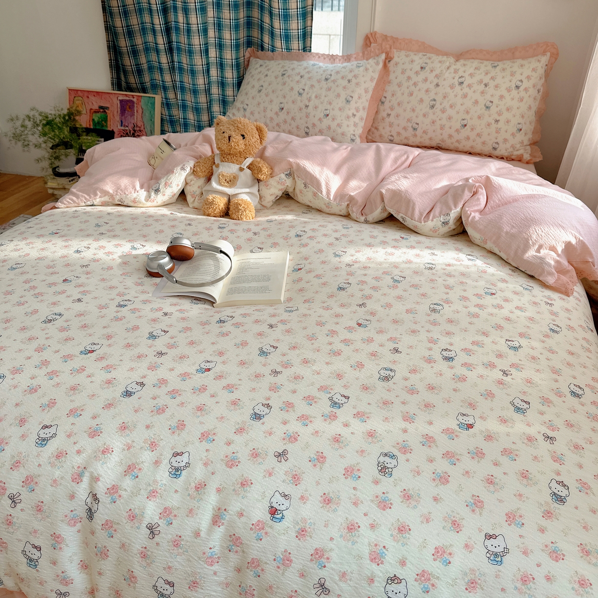 91家纺网 家纺一手货源 找家纺 一比一家纺 2026新款彩色花边木棉皱皱纱四件套 奶芙喵