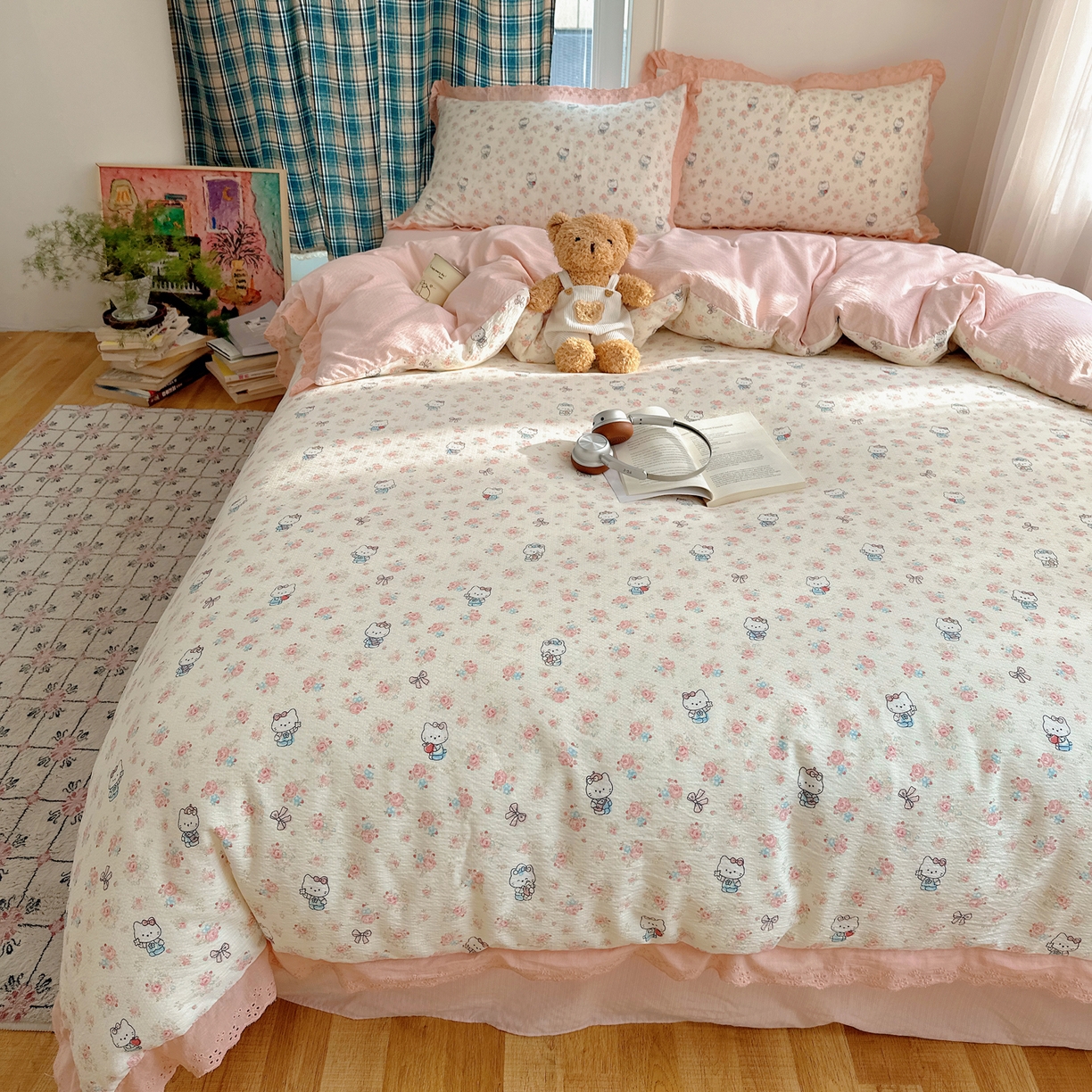 91家纺网 家纺一手货源 找家纺 一比一家纺 2026新款彩色花边木棉皱皱纱四件套 奶芙喵