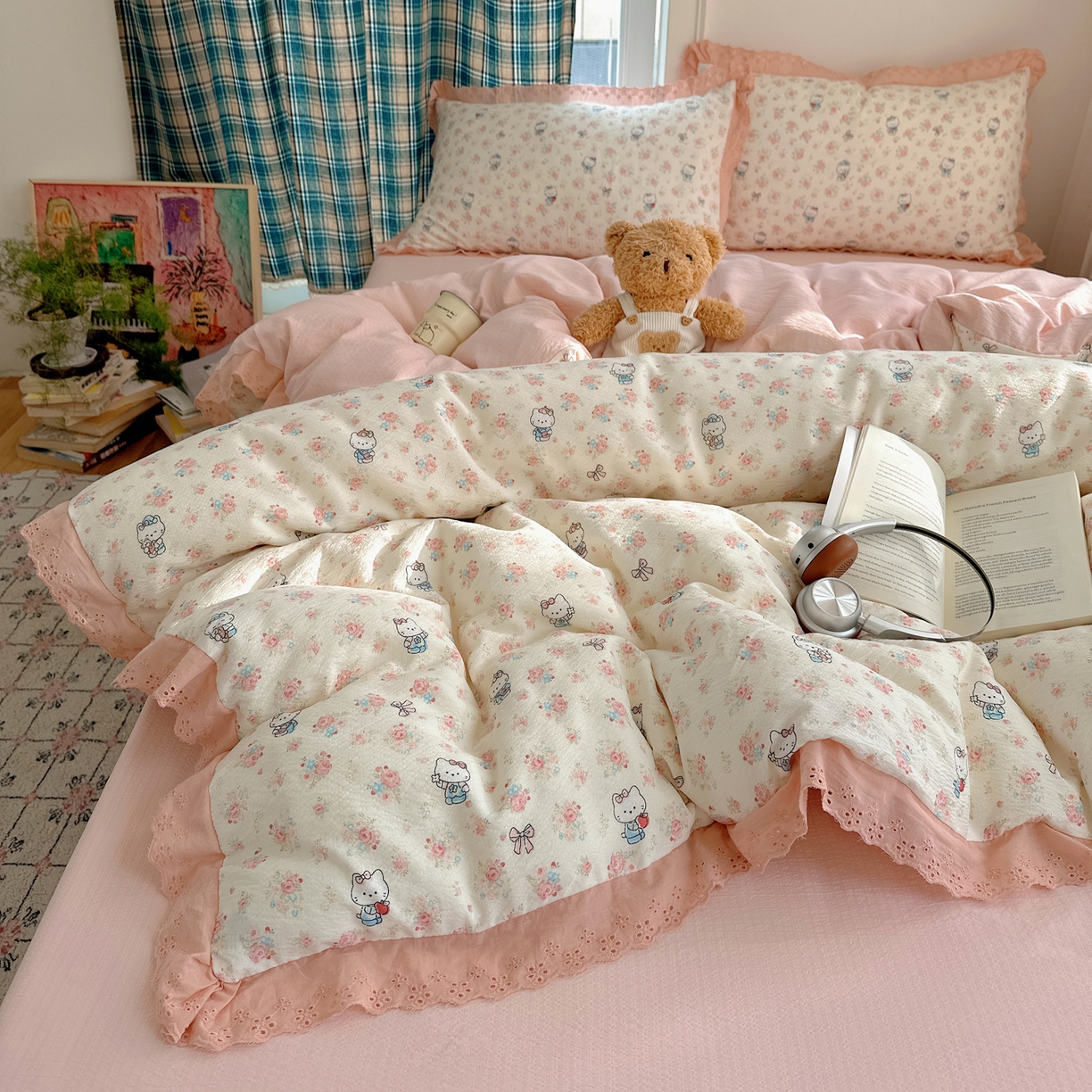 91家纺网 家纺一手货源 找家纺 一比一家纺 2026新款彩色花边木棉皱皱纱四件套 奶芙喵