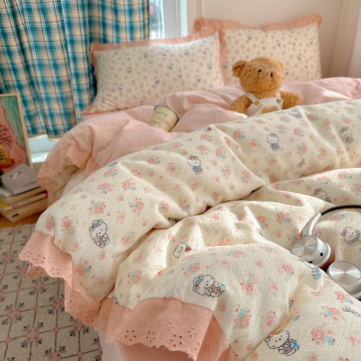 91家纺网 家纺一手货源 找家纺 一比一家纺 2026新款彩色花边木棉皱皱纱四件套 奶芙喵