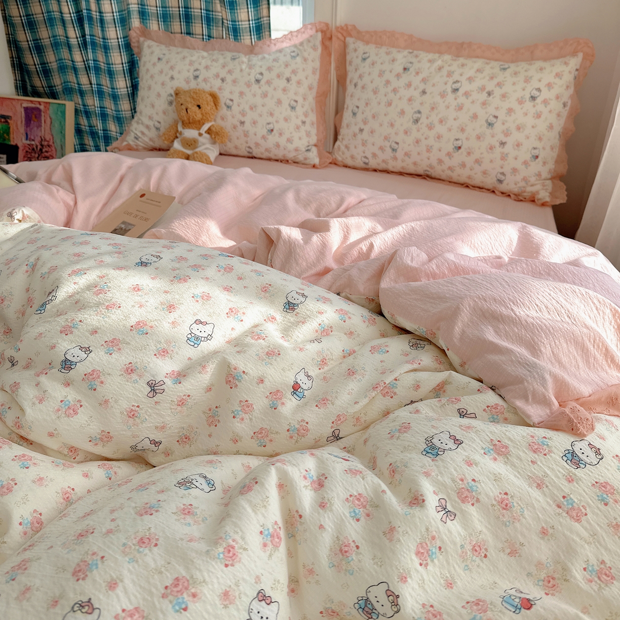 91家纺网 家纺一手货源 找家纺 一比一家纺 2026新款彩色花边木棉皱皱纱四件套 奶芙喵