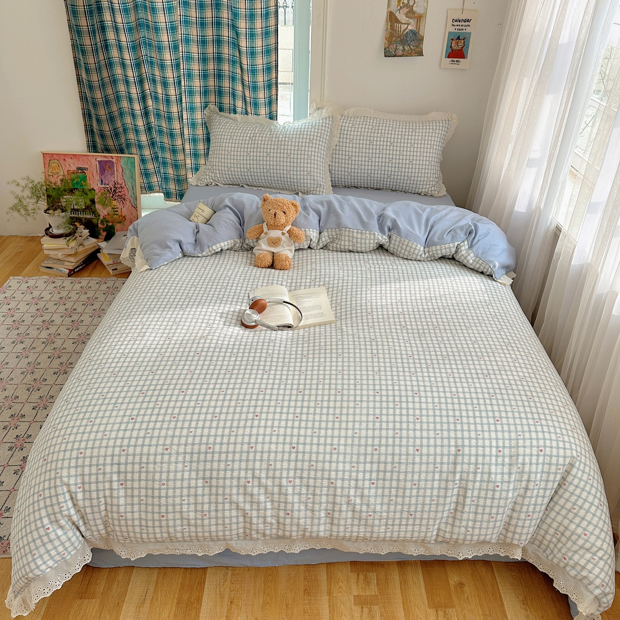 91家纺网 家纺一手货源 找家纺 一比一家纺 2026新款彩色花边木棉皱皱纱四件套 甜心格格