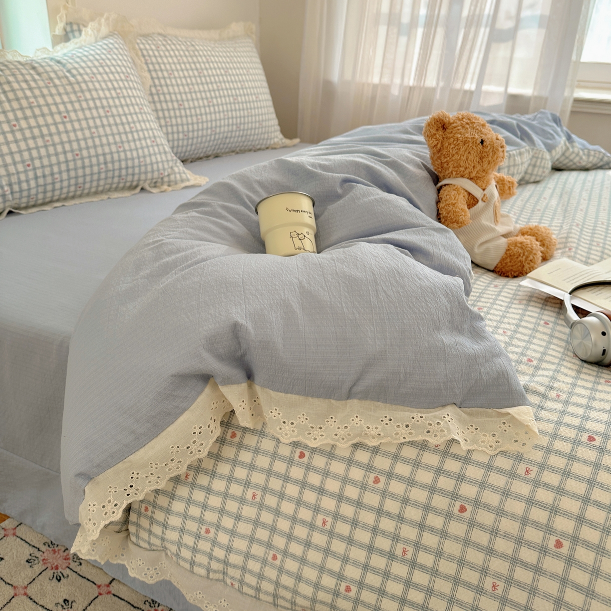 91家纺网 家纺一手货源 找家纺 一比一家纺 2026新款彩色花边木棉皱皱纱四件套 甜心格格