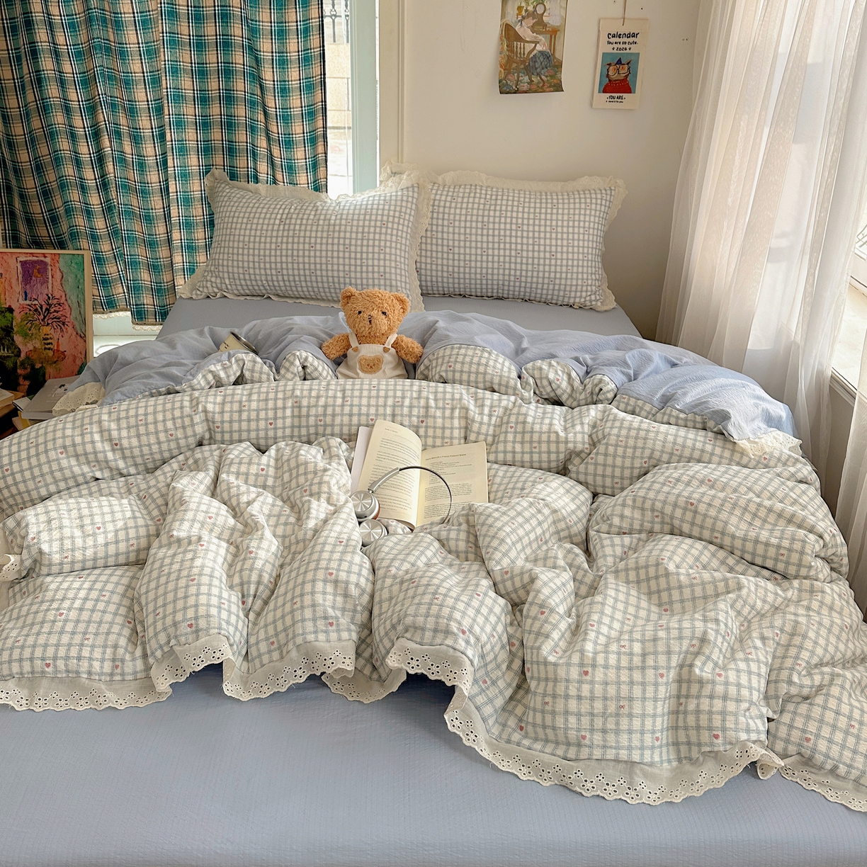 91家纺网 家纺一手货源 找家纺 一比一家纺 2026新款彩色花边木棉皱皱纱四件套 甜心格格