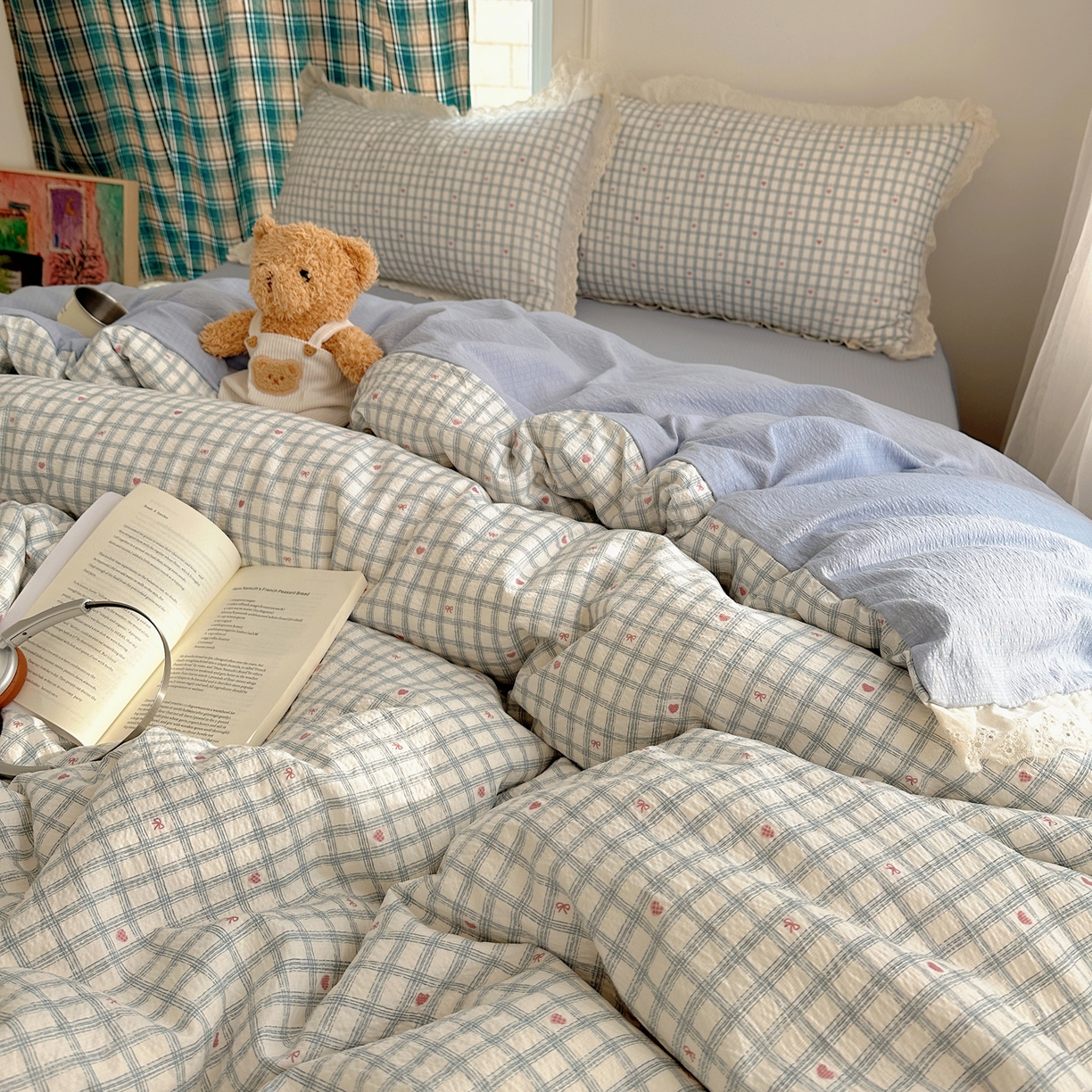 91家纺网 家纺一手货源 找家纺 一比一家纺 2026新款彩色花边木棉皱皱纱四件套 甜心格格