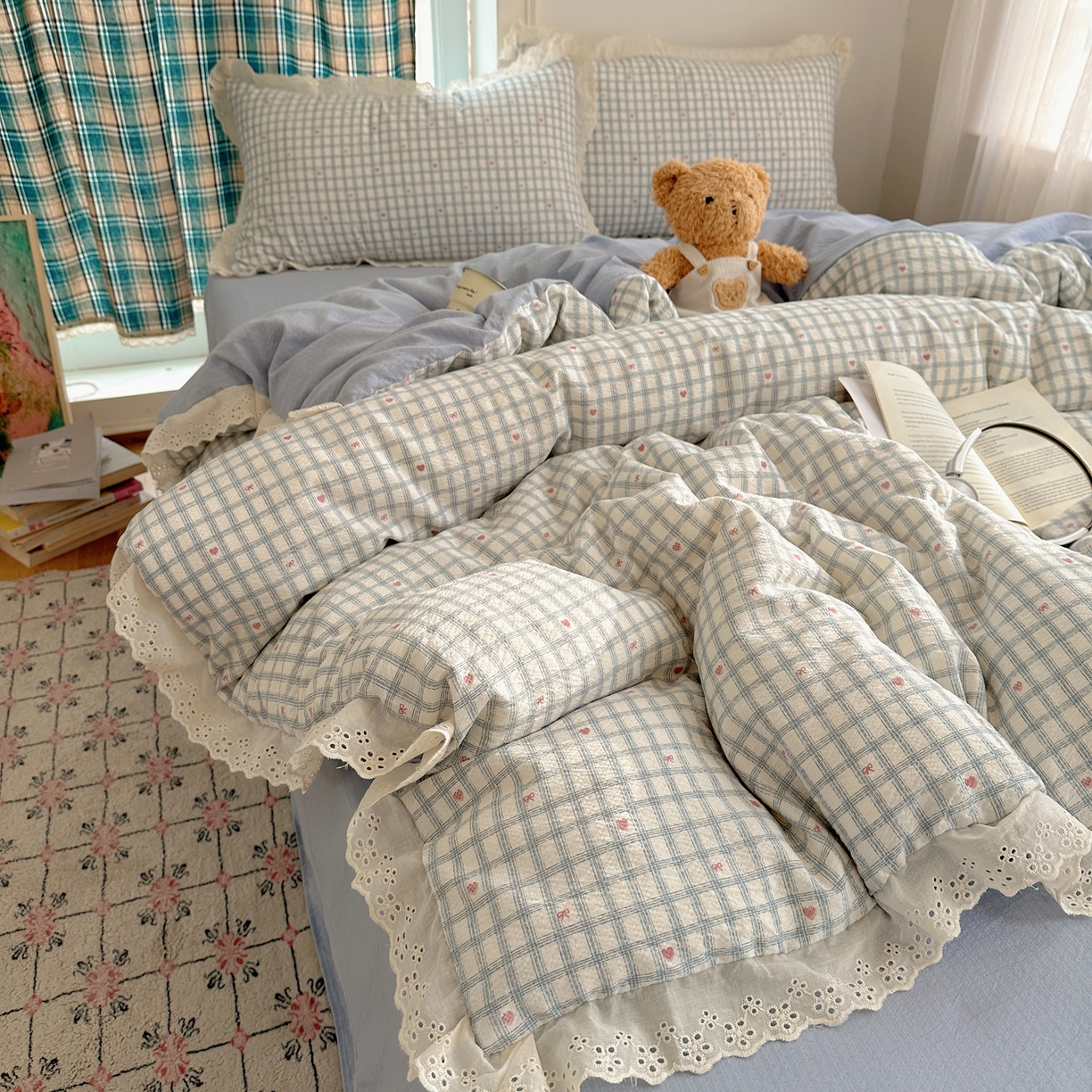 91家纺网 家纺一手货源 找家纺 一比一家纺 2026新款彩色花边木棉皱皱纱四件套 甜心格格