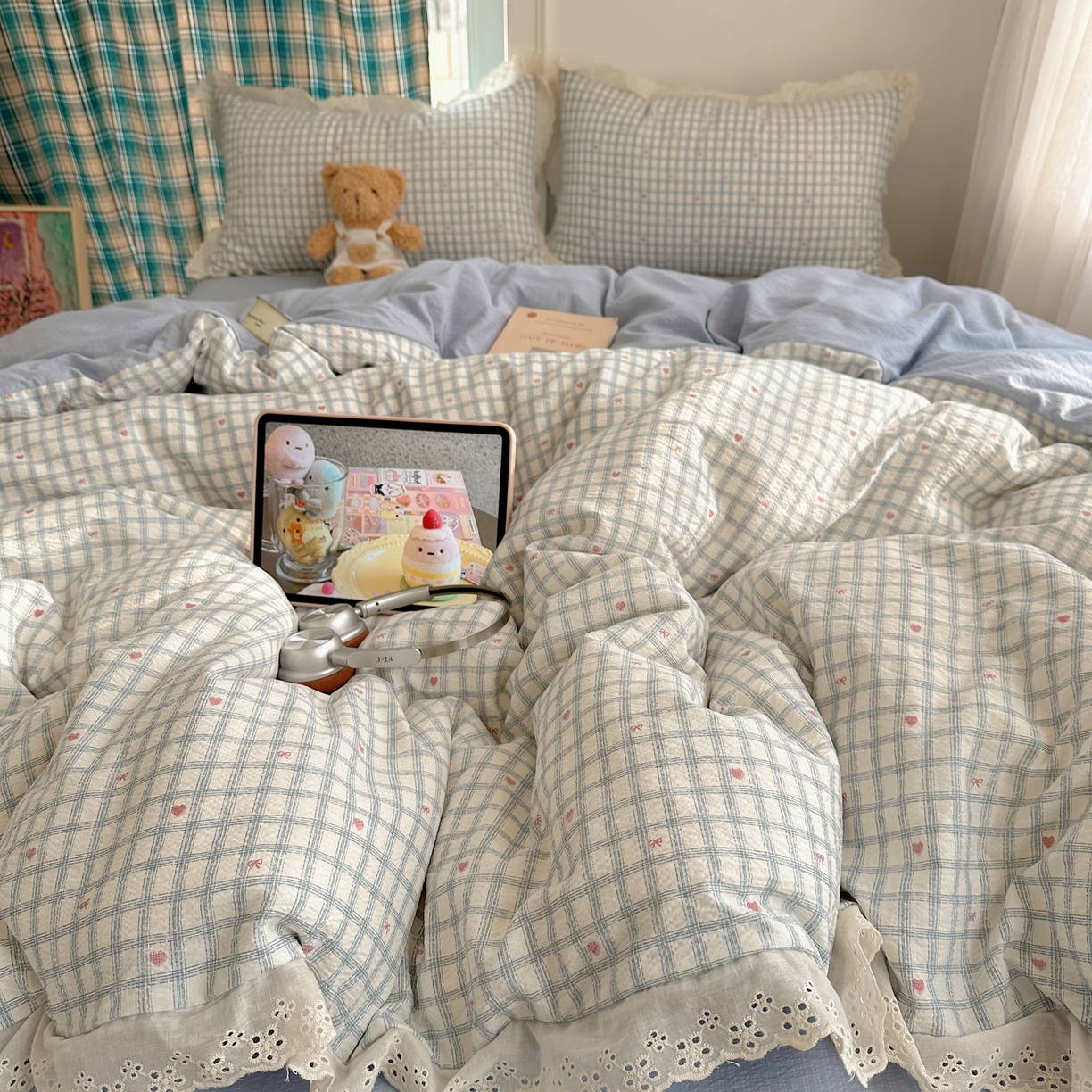 91家纺网 家纺一手货源 找家纺 一比一家纺 2026新款彩色花边木棉皱皱纱四件套 甜心格格