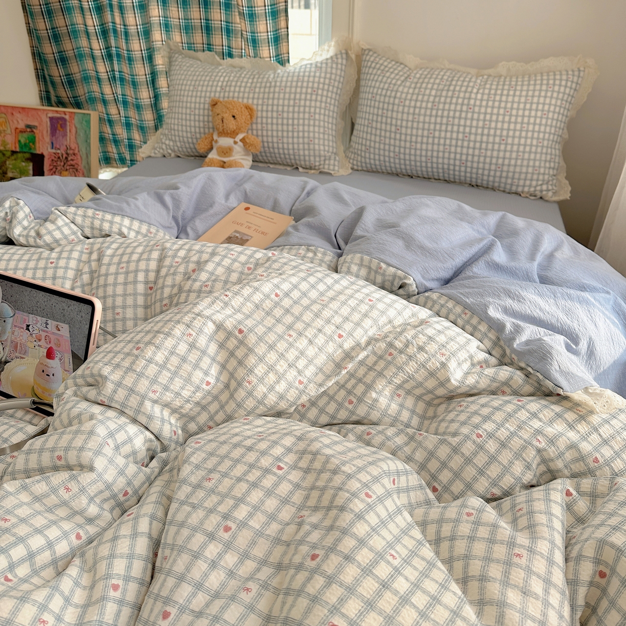 91家纺网 家纺一手货源 找家纺 一比一家纺 2026新款彩色花边木棉皱皱纱四件套 甜心格格