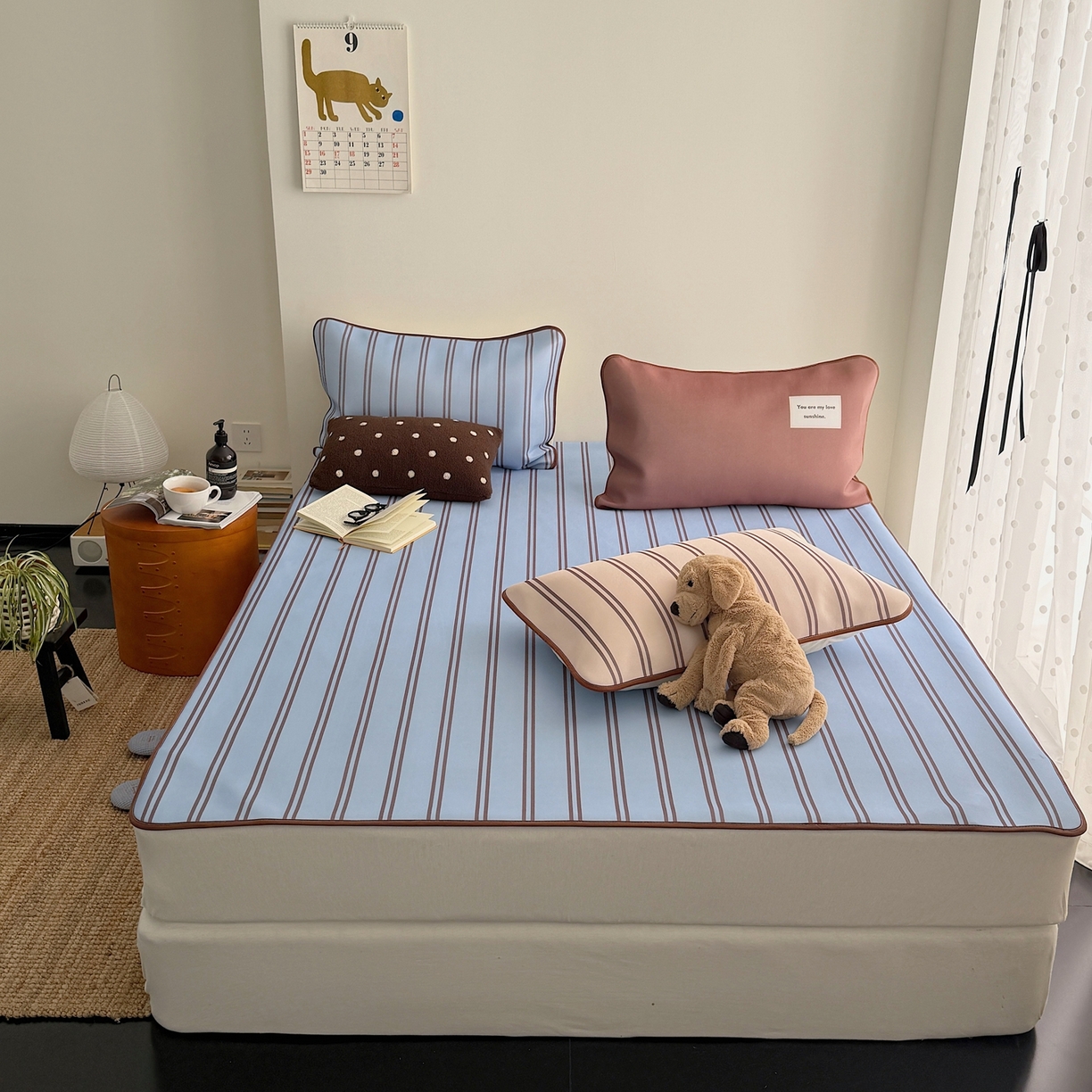 91家纺网 家纺一手货源 找家纺 美乐迪家纺 2026春夏新款水光冰丝凉席席子-条纹系列 蓝咖条