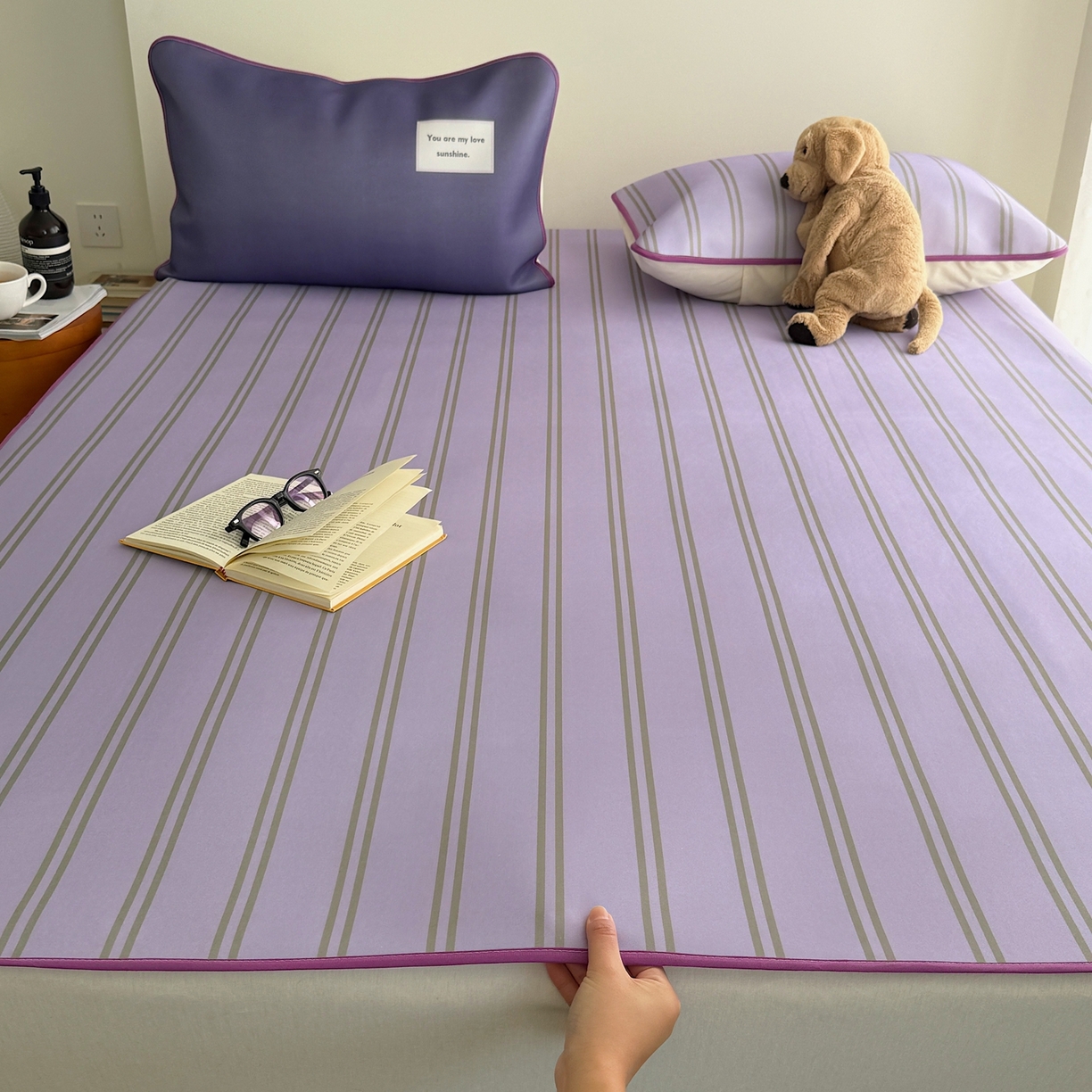 美乐迪家纺 2026春夏新款水光冰丝凉席席子-条纹系列 葡萄紫