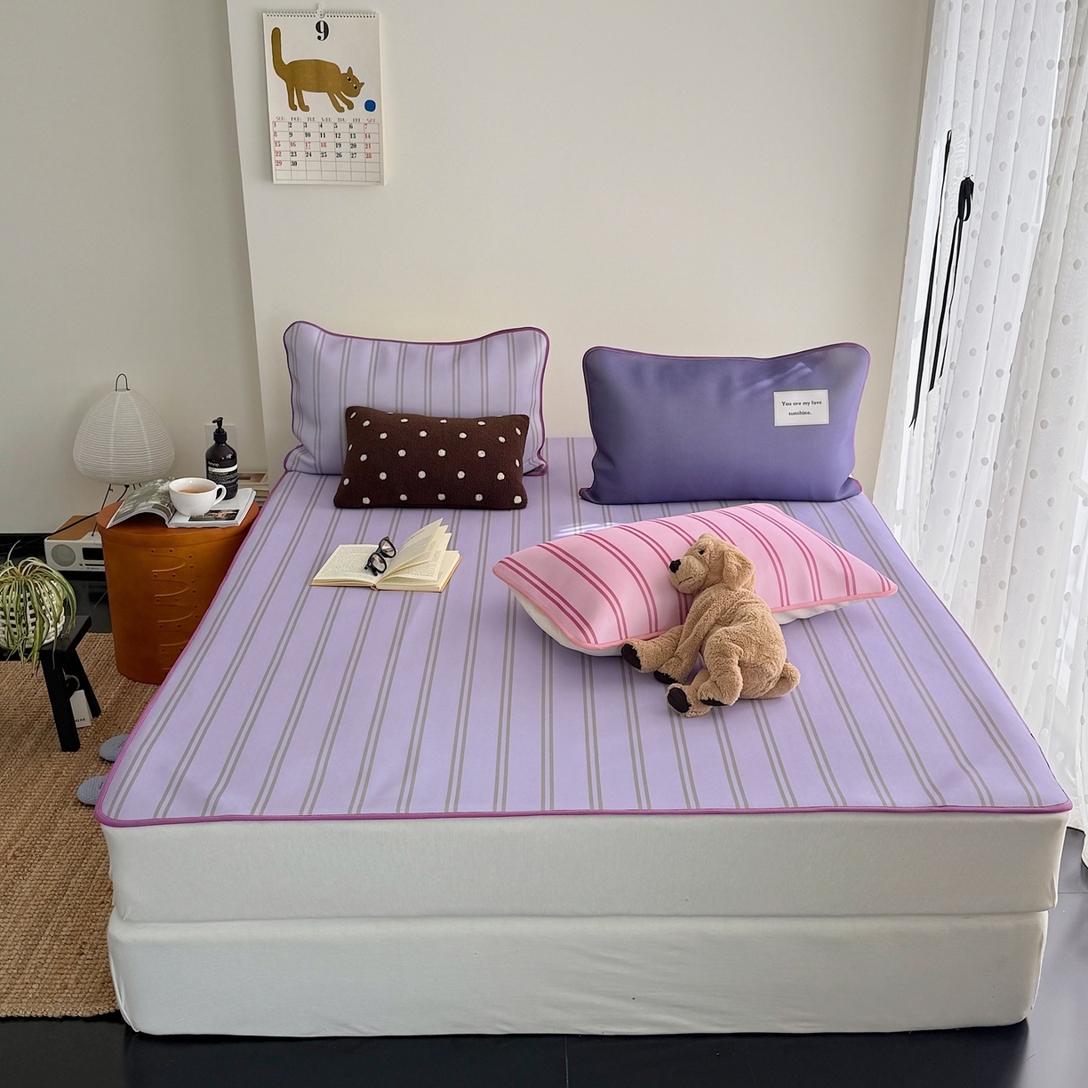 91家纺网 家纺一手货源 找家纺 美乐迪家纺 2026春夏新款水光冰丝凉席席子-条纹系列 葡萄紫