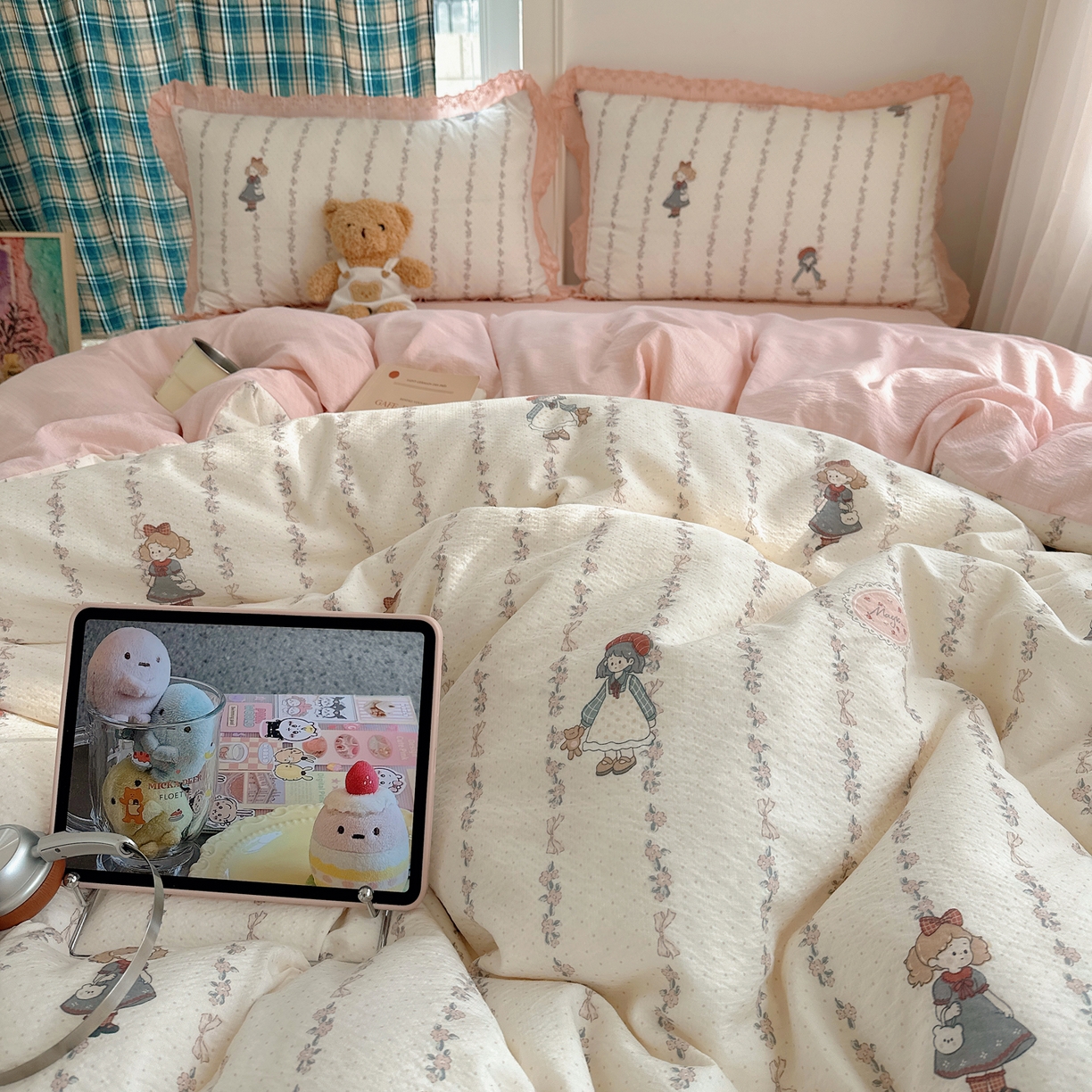 91家纺网 家纺一手货源 找家纺 一比一家纺 2026新款彩色花边木棉皱皱纱四件套 午后花园