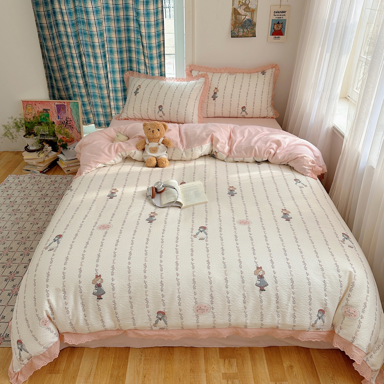 91家纺网 家纺一手货源 找家纺 一比一家纺 2026新款彩色花边木棉皱皱纱四件套 午后花园