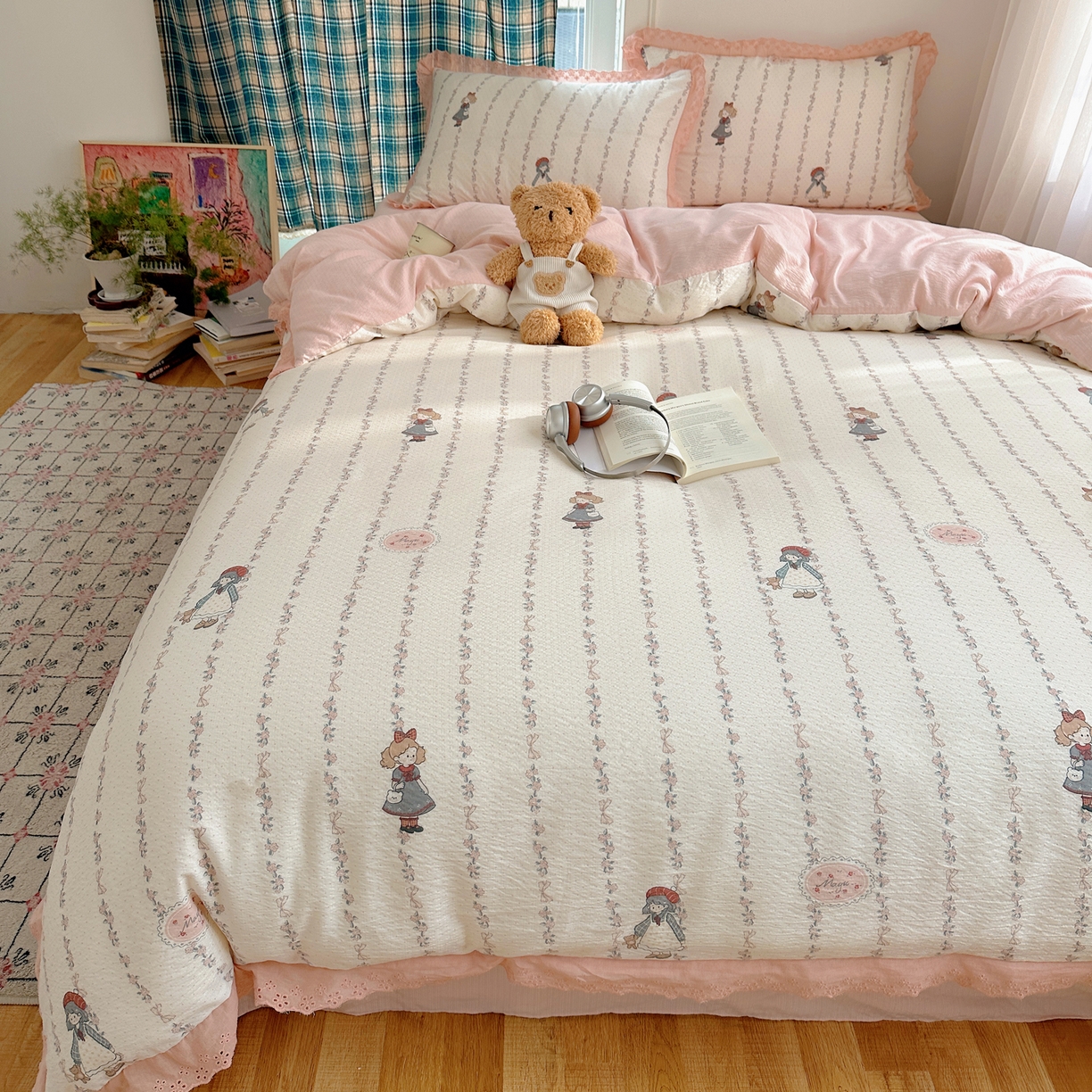 91家纺网 家纺一手货源 找家纺 一比一家纺 2026新款彩色花边木棉皱皱纱四件套 午后花园