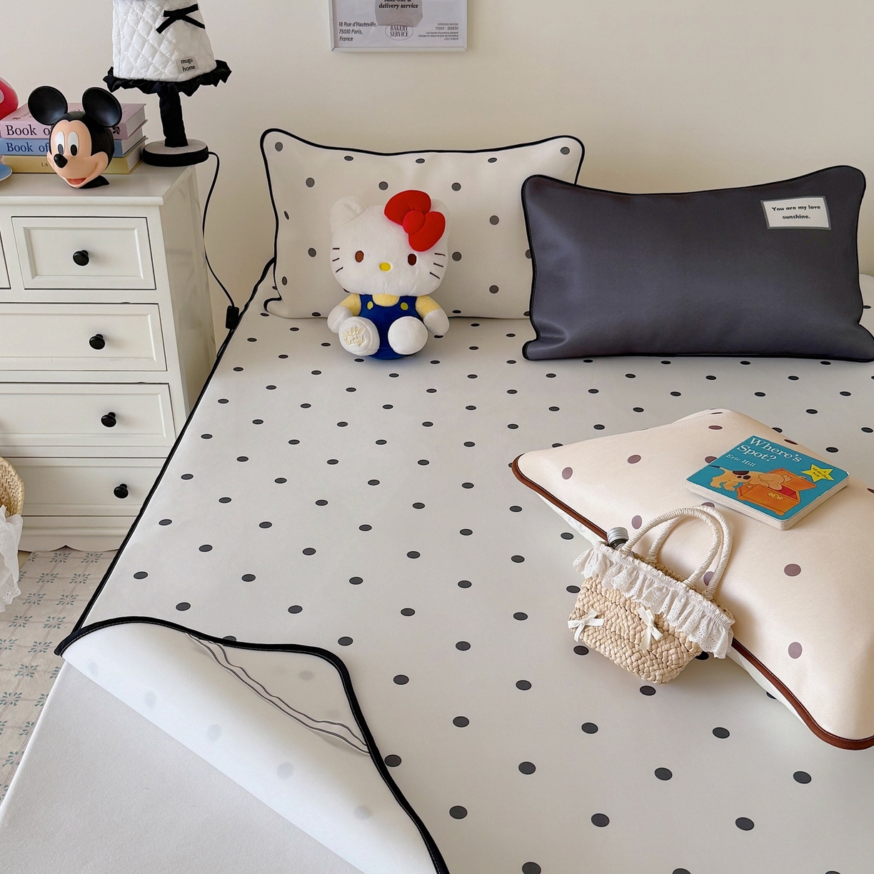 91家纺网 家纺一手货源 找家纺 美乐迪家纺 2026春夏新款水光冰丝凉席席子-波点系列 波点黑