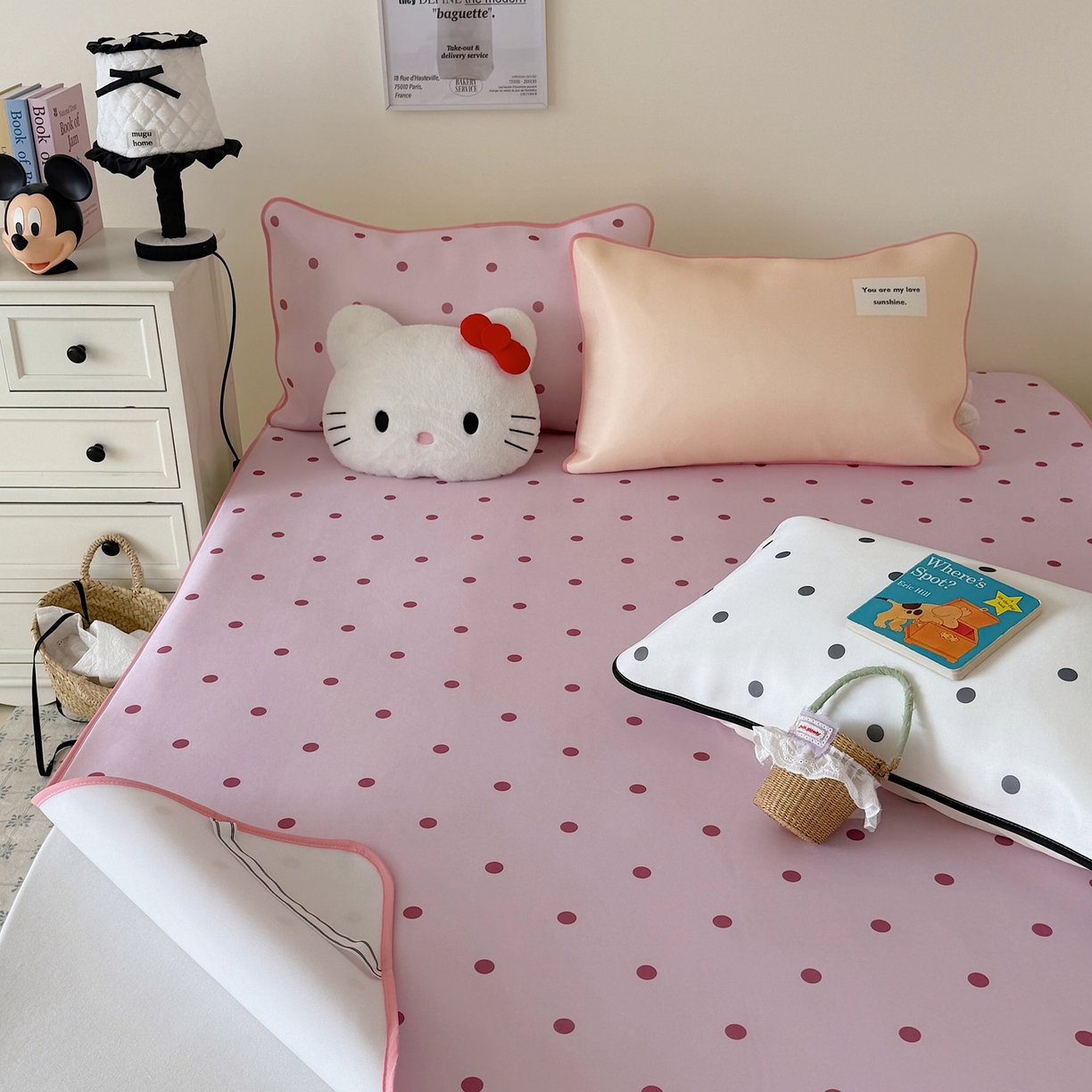 91家纺网 家纺一手货源 找家纺 美乐迪家纺 2026春夏新款水光冰丝凉席席子-波点系列 波点粉