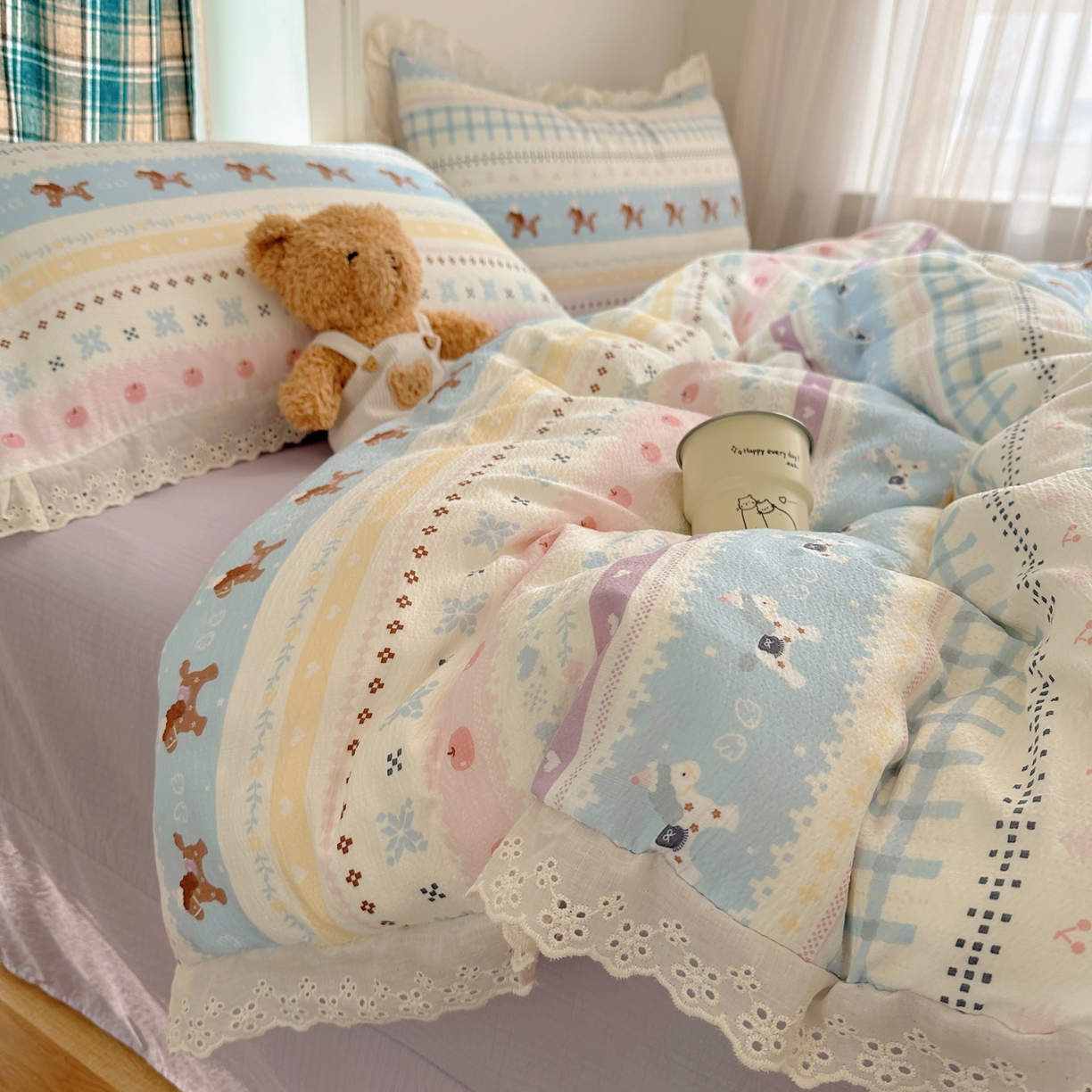 一比一家纺 2026新款彩色花边木棉皱皱纱四件套 小马驹