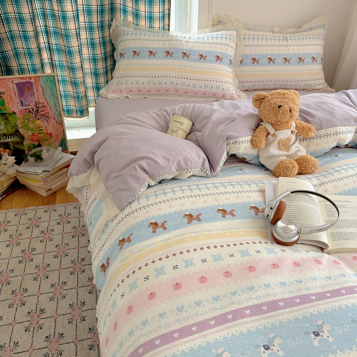 91家纺网 家纺一手货源 找家纺 一比一家纺 2026新款彩色花边木棉皱皱纱四件套 小马驹