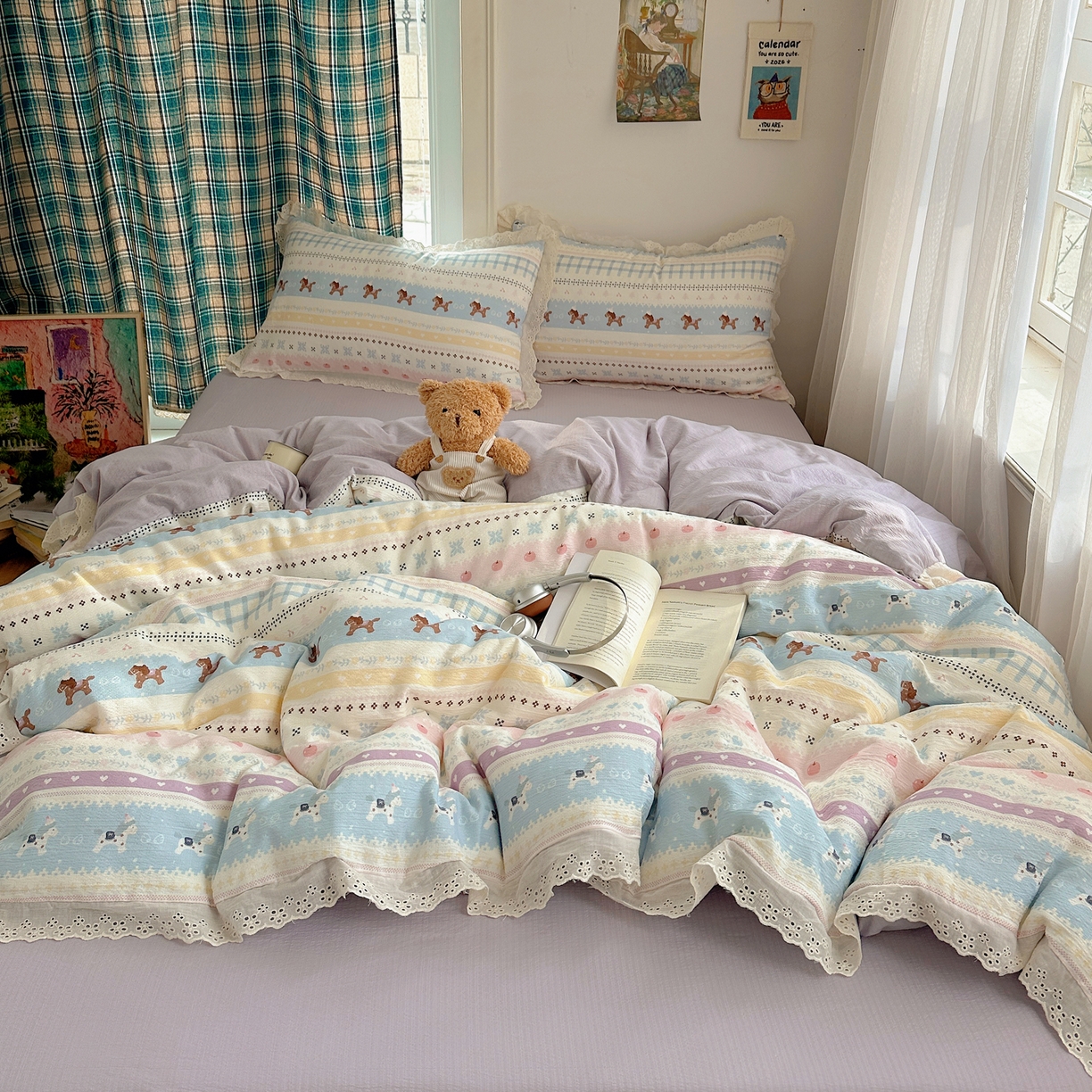 91家纺网 家纺一手货源 找家纺 一比一家纺 2026新款彩色花边木棉皱皱纱四件套 小马驹