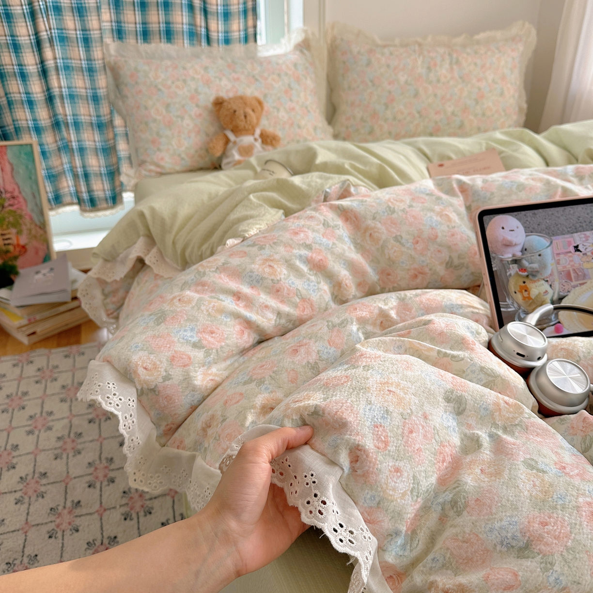 91家纺网 家纺一手货源 找家纺 一比一家纺 2026新款彩色花边木棉皱皱纱四件套 邂逅