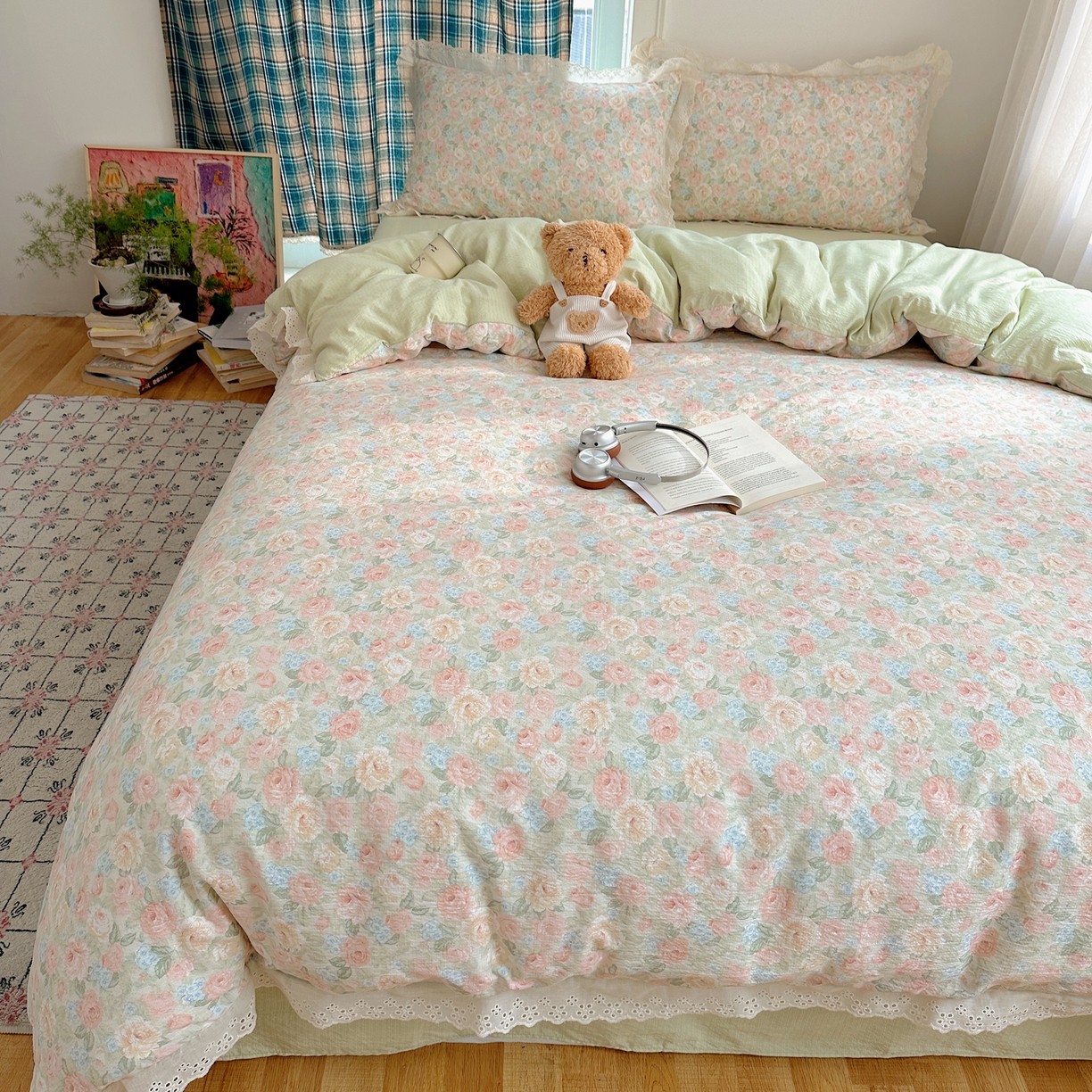 91家纺网 家纺一手货源 找家纺 一比一家纺 2026新款彩色花边木棉皱皱纱四件套 邂逅