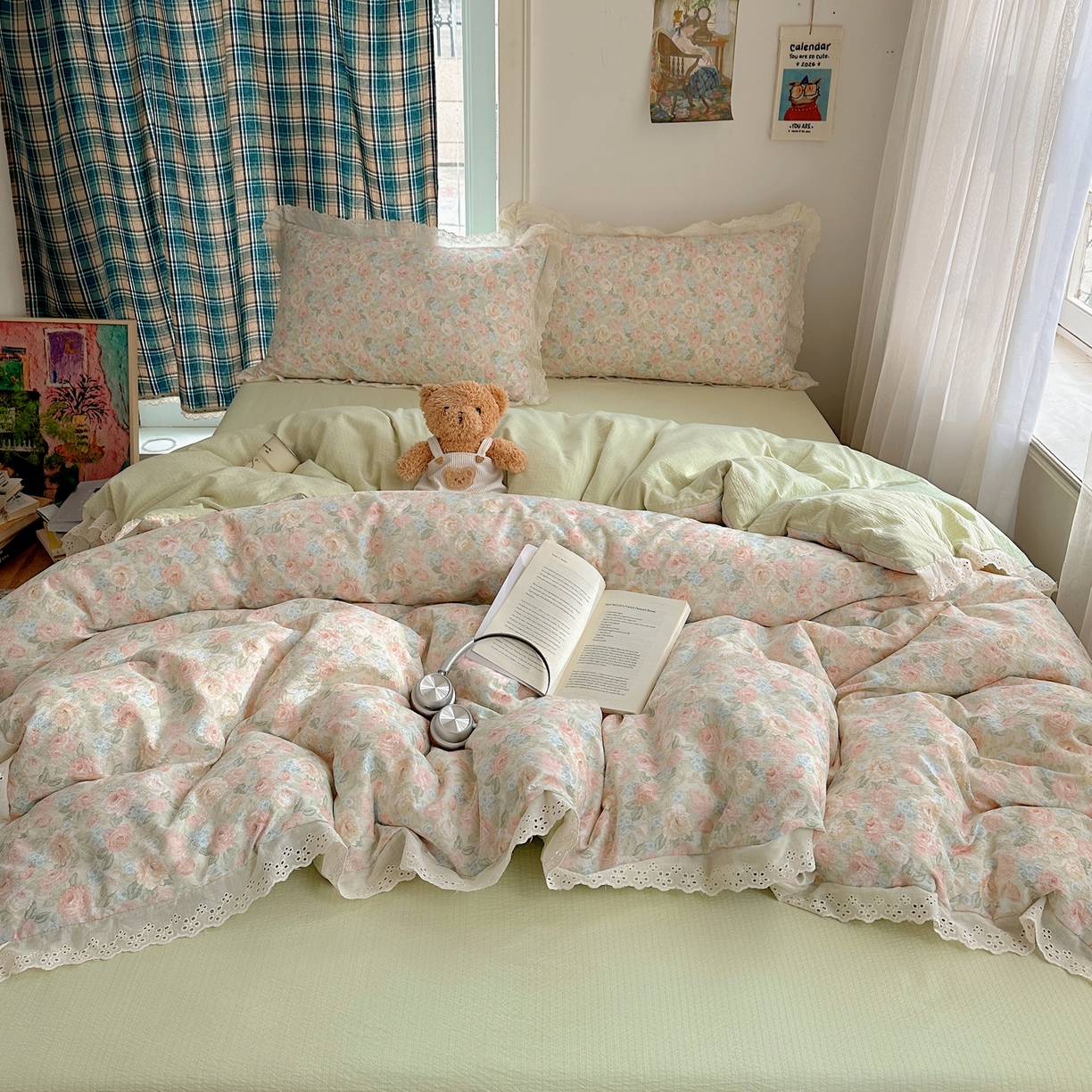 91家纺网 家纺一手货源 找家纺 一比一家纺 2026新款彩色花边木棉皱皱纱四件套 邂逅