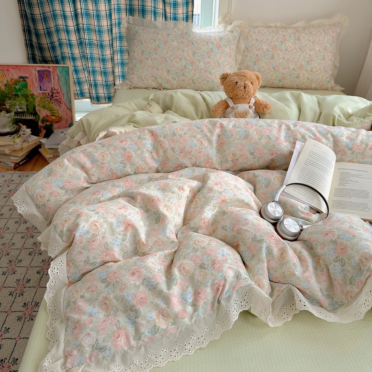 91家纺网 家纺一手货源 找家纺 一比一家纺 2026新款彩色花边木棉皱皱纱四件套 邂逅