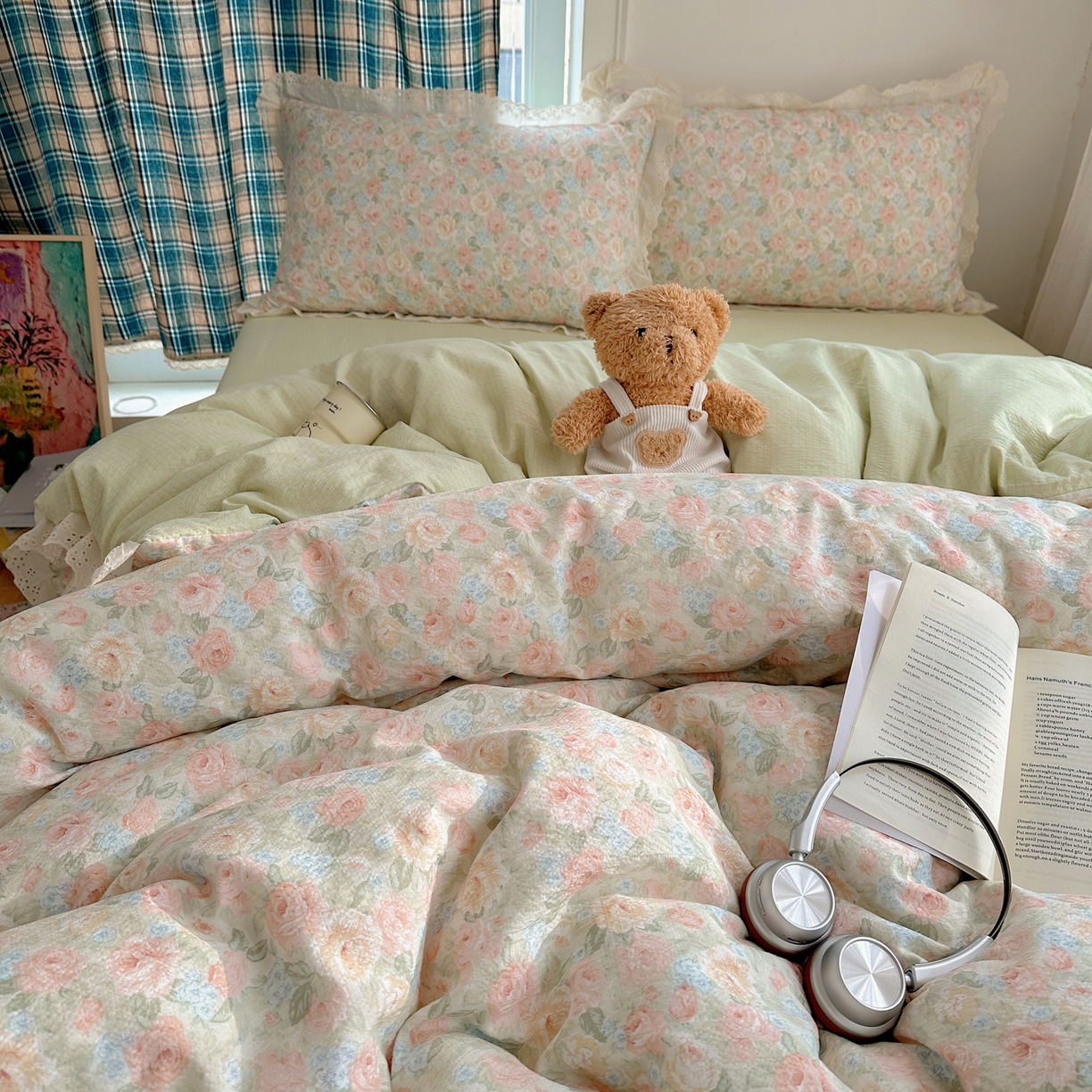 91家纺网 家纺一手货源 找家纺 一比一家纺 2026新款彩色花边木棉皱皱纱四件套 邂逅