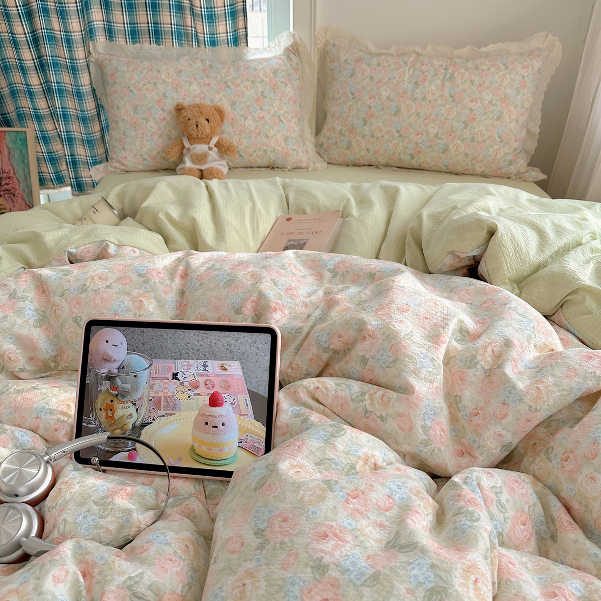 91家纺网 家纺一手货源 找家纺 一比一家纺 2026新款彩色花边木棉皱皱纱四件套 邂逅