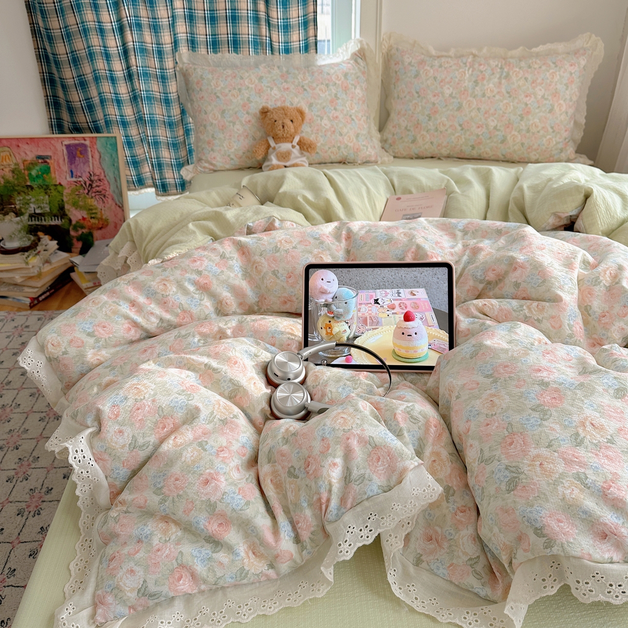 91家纺网 家纺一手货源 找家纺 一比一家纺 2026新款彩色花边木棉皱皱纱四件套 邂逅