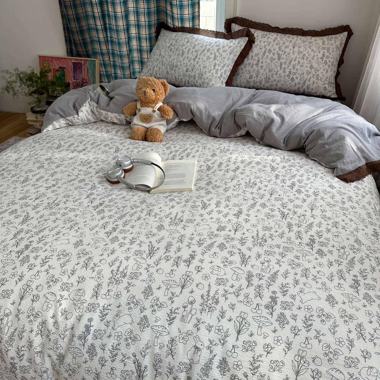 91家纺网 家纺一手货源 找家纺 一比一家纺 2026新款彩色花边木棉皱皱纱四件套 野餐兔