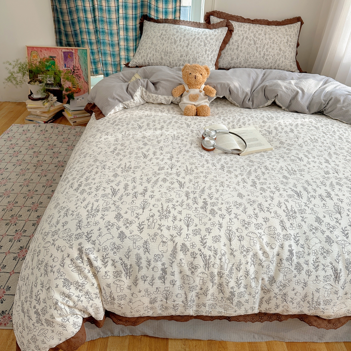 91家纺网 家纺一手货源 找家纺 一比一家纺 2026新款彩色花边木棉皱皱纱四件套 野餐兔