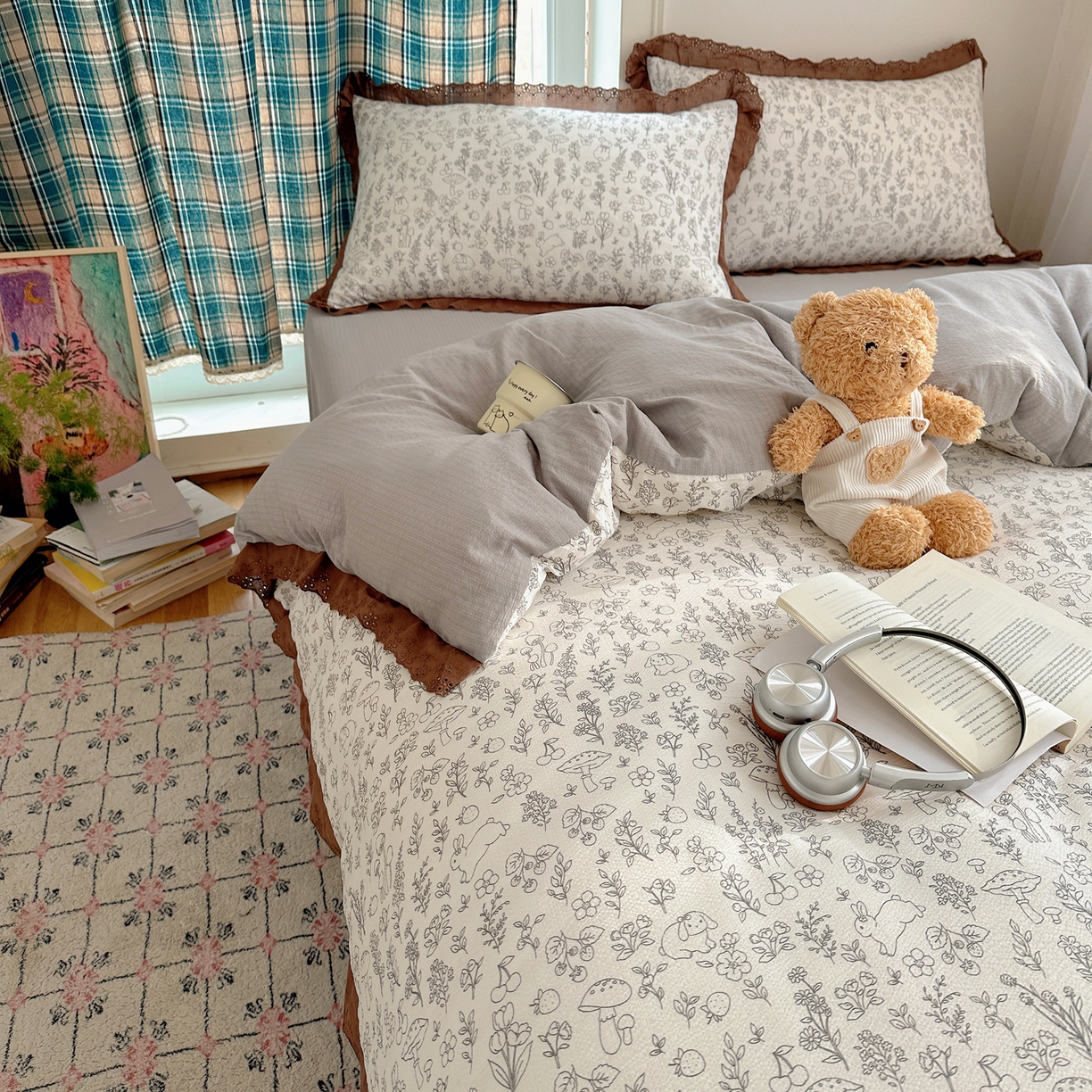 91家纺网 家纺一手货源 找家纺 一比一家纺 2026新款彩色花边木棉皱皱纱四件套 野餐兔