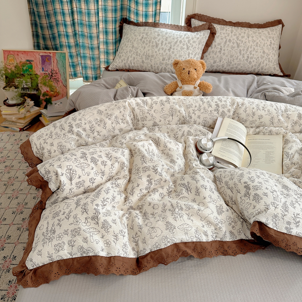 91家纺网 家纺一手货源 找家纺 一比一家纺 2026新款彩色花边木棉皱皱纱四件套 野餐兔