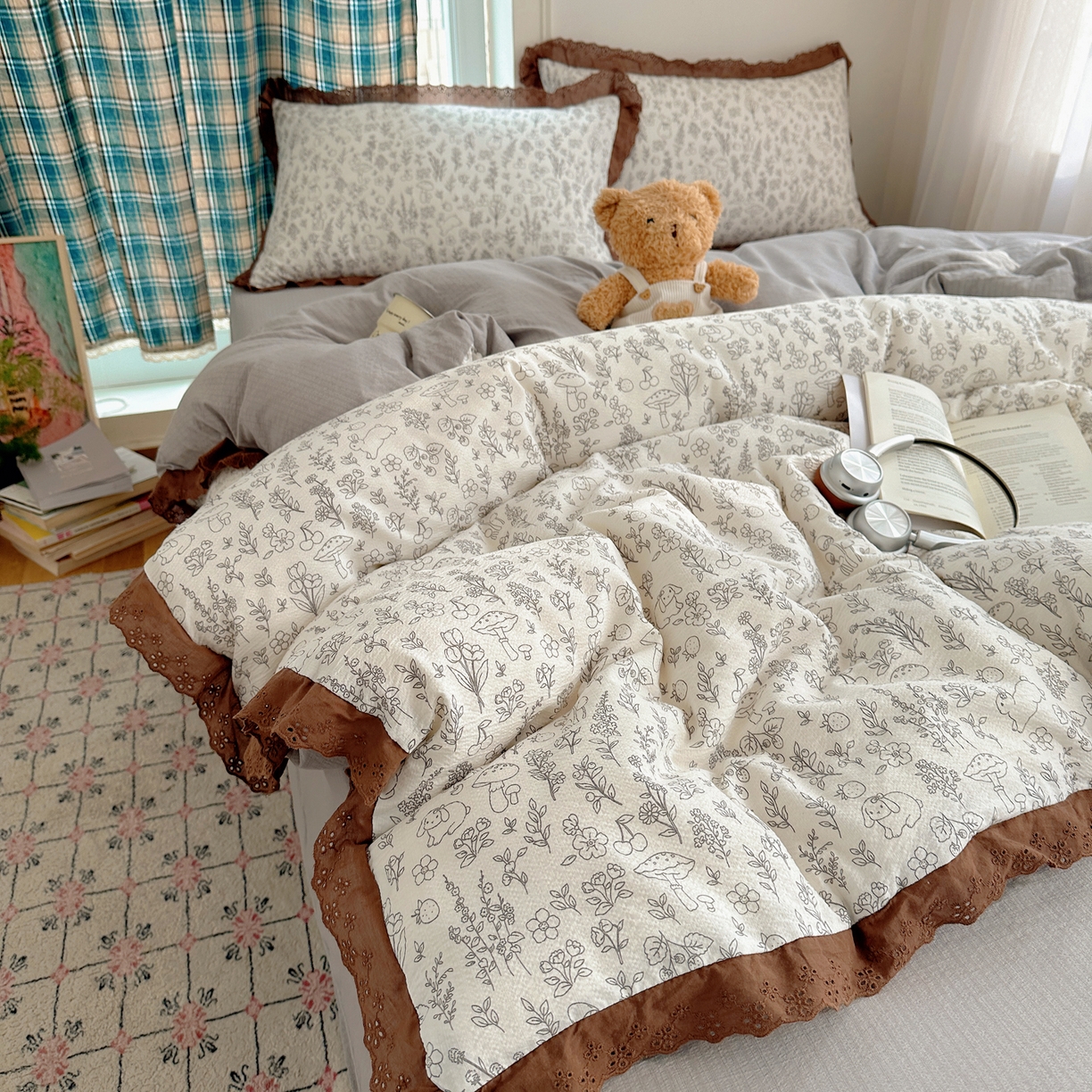 91家纺网 家纺一手货源 找家纺 一比一家纺 2026新款彩色花边木棉皱皱纱四件套 野餐兔