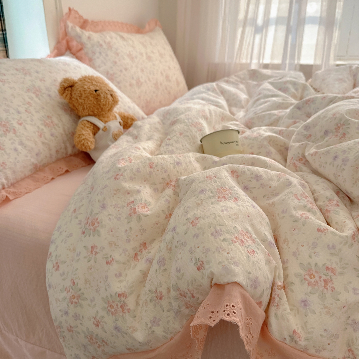 一比一家纺 2026新款彩色花边木棉皱皱纱四件套 樱花季