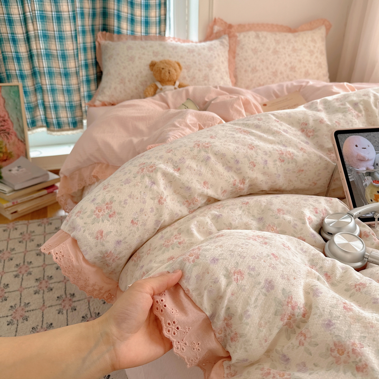 91家纺网 家纺一手货源 找家纺 一比一家纺 2026新款彩色花边木棉皱皱纱四件套 樱花季