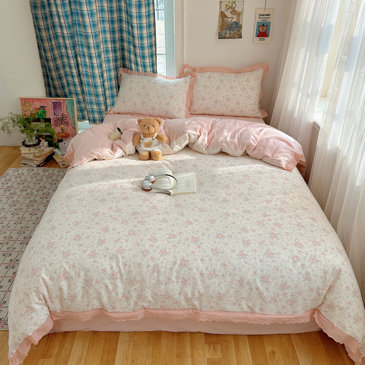 91家纺网 家纺一手货源 找家纺 一比一家纺 2026新款彩色花边木棉皱皱纱四件套 樱花季