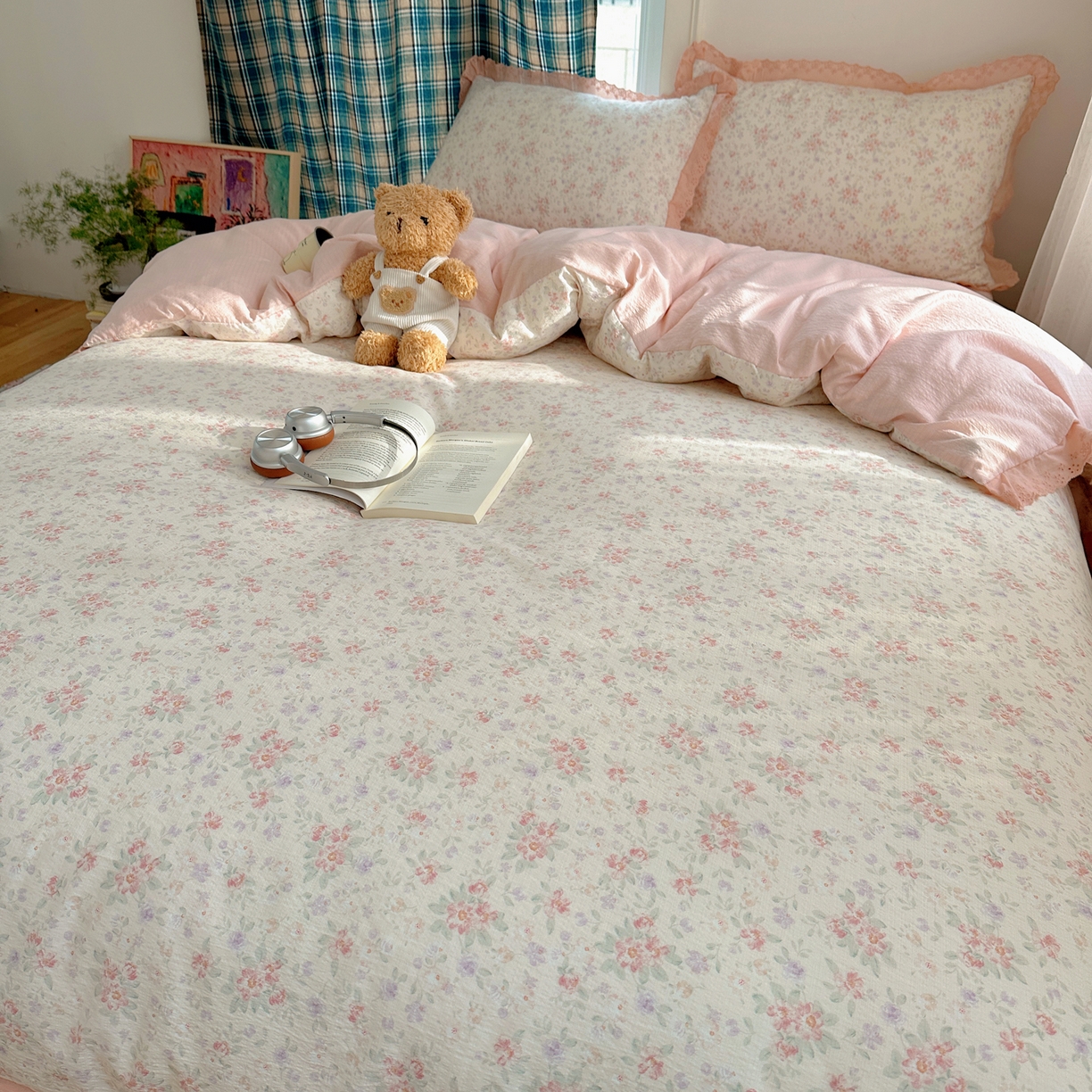 91家纺网 家纺一手货源 找家纺 一比一家纺 2026新款彩色花边木棉皱皱纱四件套 樱花季