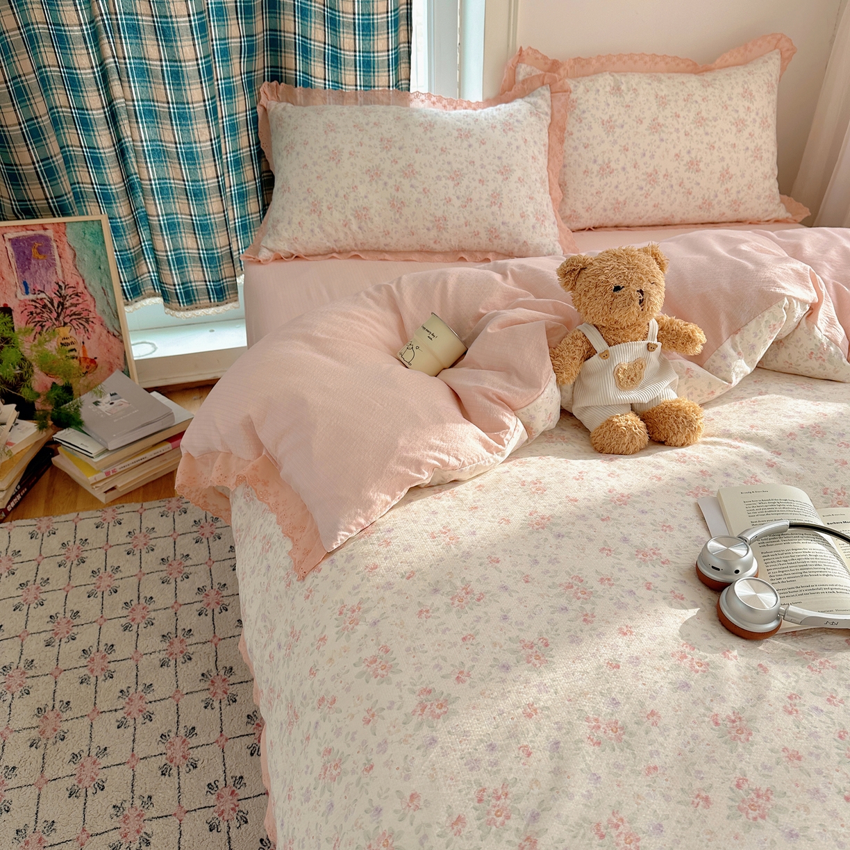 91家纺网 家纺一手货源 找家纺 一比一家纺 2026新款彩色花边木棉皱皱纱四件套 樱花季