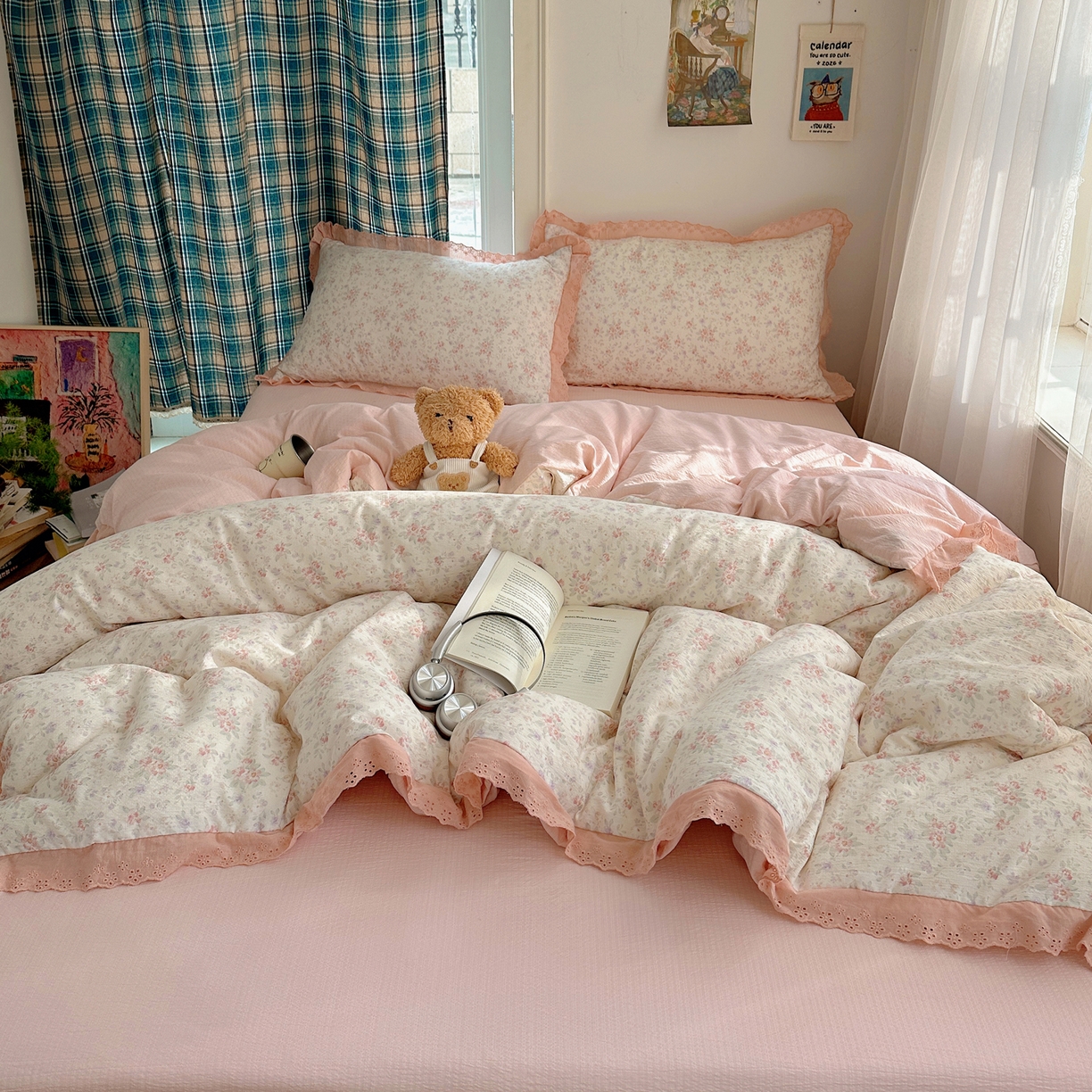 91家纺网 家纺一手货源 找家纺 一比一家纺 2026新款彩色花边木棉皱皱纱四件套 樱花季