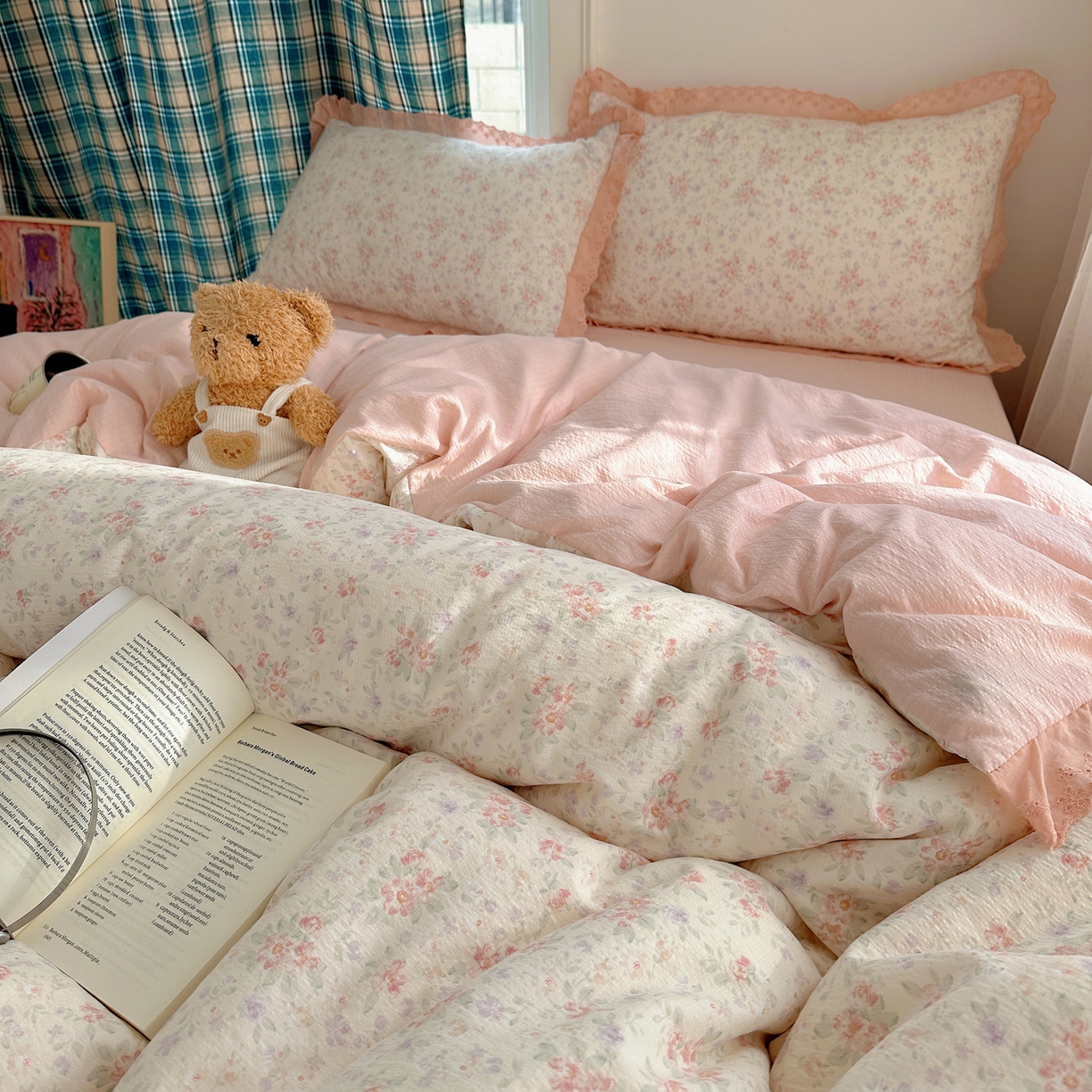 91家纺网 家纺一手货源 找家纺 一比一家纺 2026新款彩色花边木棉皱皱纱四件套 樱花季