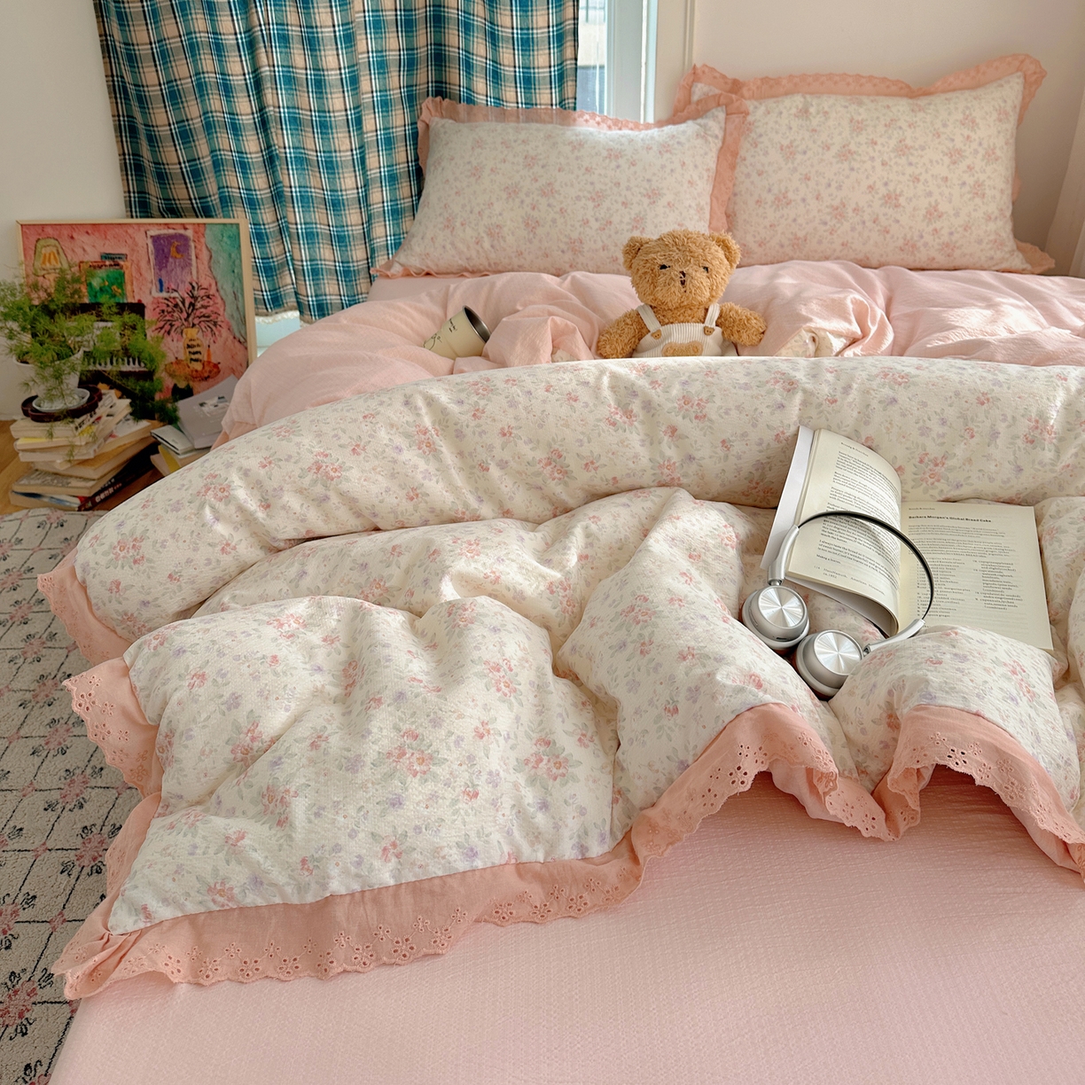 91家纺网 家纺一手货源 找家纺 一比一家纺 2026新款彩色花边木棉皱皱纱四件套 樱花季