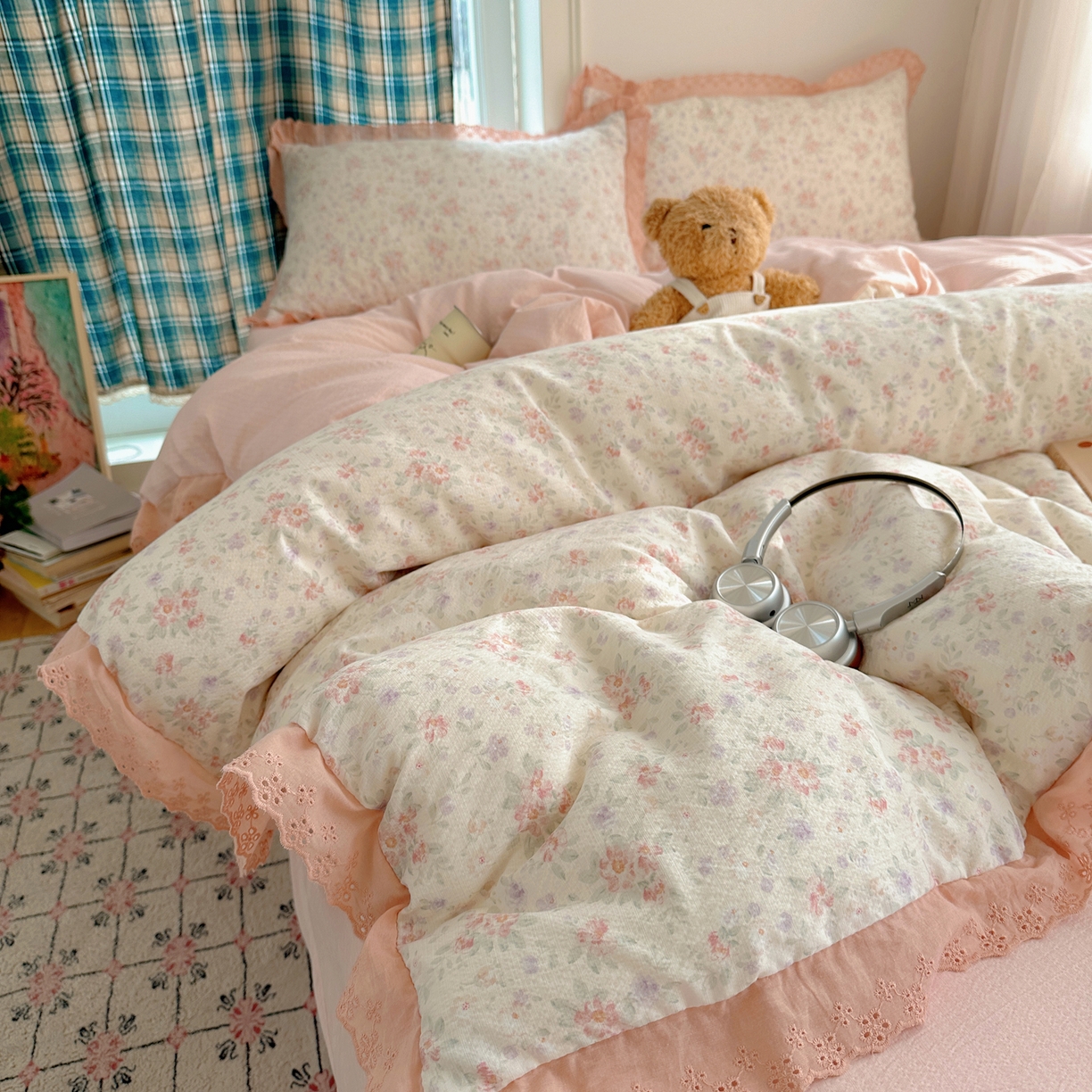 91家纺网 家纺一手货源 找家纺 一比一家纺 2026新款彩色花边木棉皱皱纱四件套 樱花季