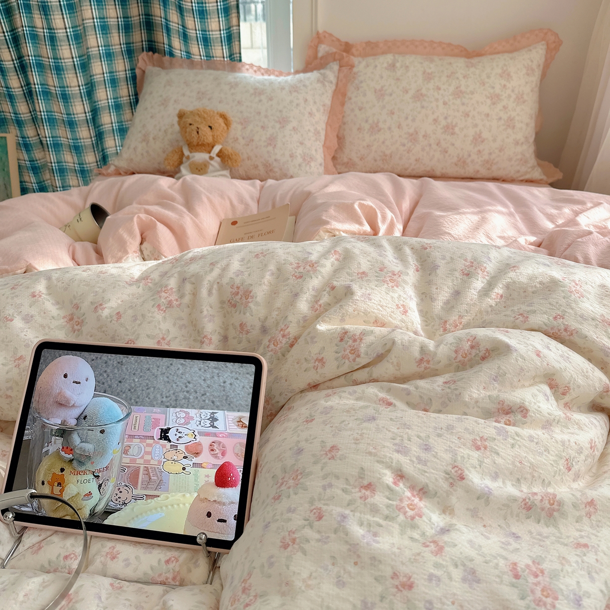 91家纺网 家纺一手货源 找家纺 一比一家纺 2026新款彩色花边木棉皱皱纱四件套 樱花季