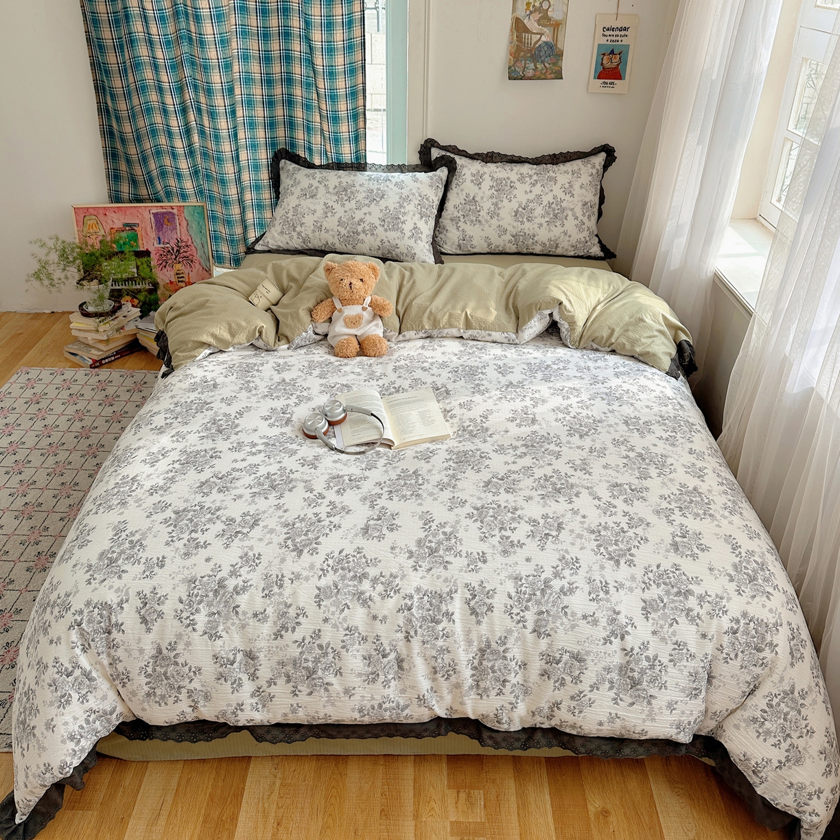 91家纺网 家纺一手货源 找家纺 一比一家纺 2026新款彩色花边木棉皱皱纱四件套 悠然