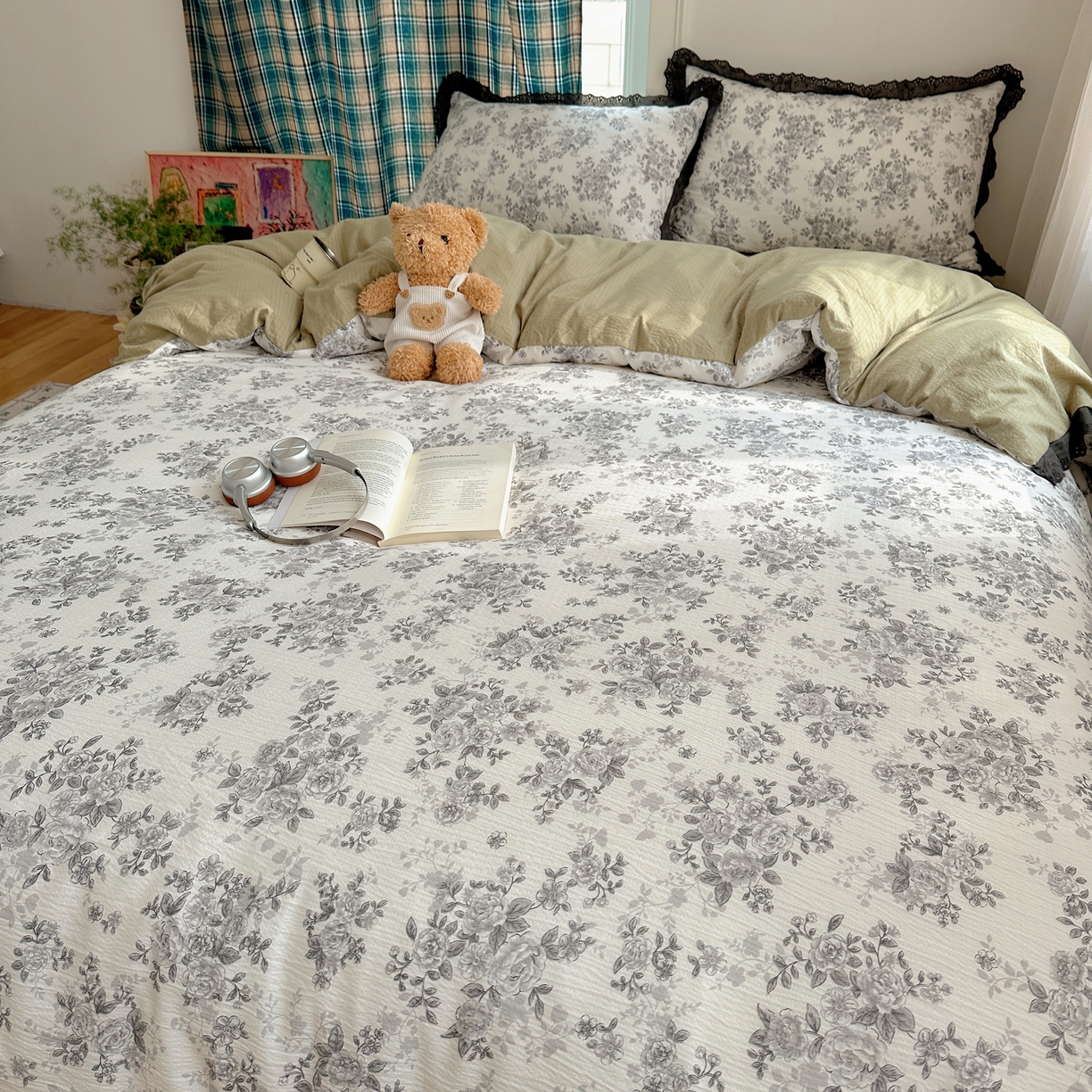 91家纺网 家纺一手货源 找家纺 一比一家纺 2026新款彩色花边木棉皱皱纱四件套 悠然