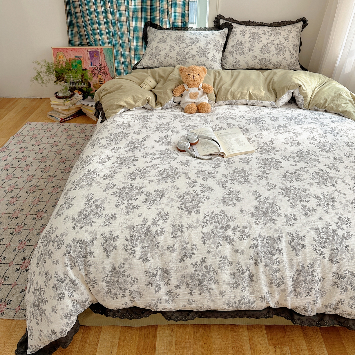 91家纺网 家纺一手货源 找家纺 一比一家纺 2026新款彩色花边木棉皱皱纱四件套 悠然